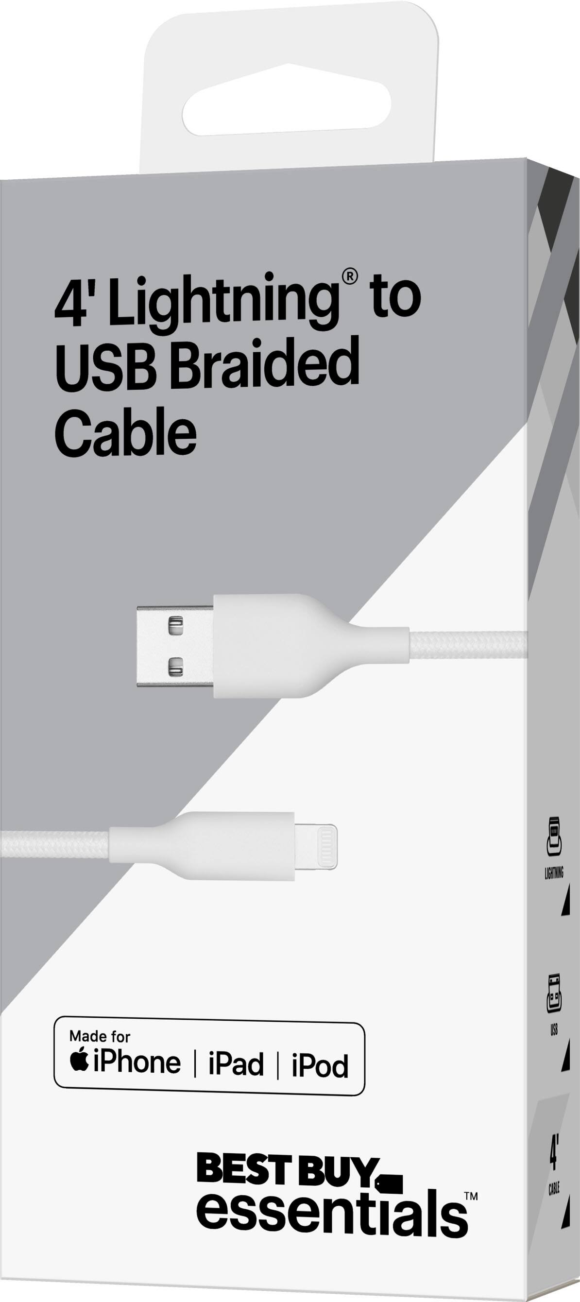 The text on the image reads: "4' Lightning to USB Braided Cable LGering Made for iPhone | iPad | iPod 9 BEST BUY TM CME essentials."