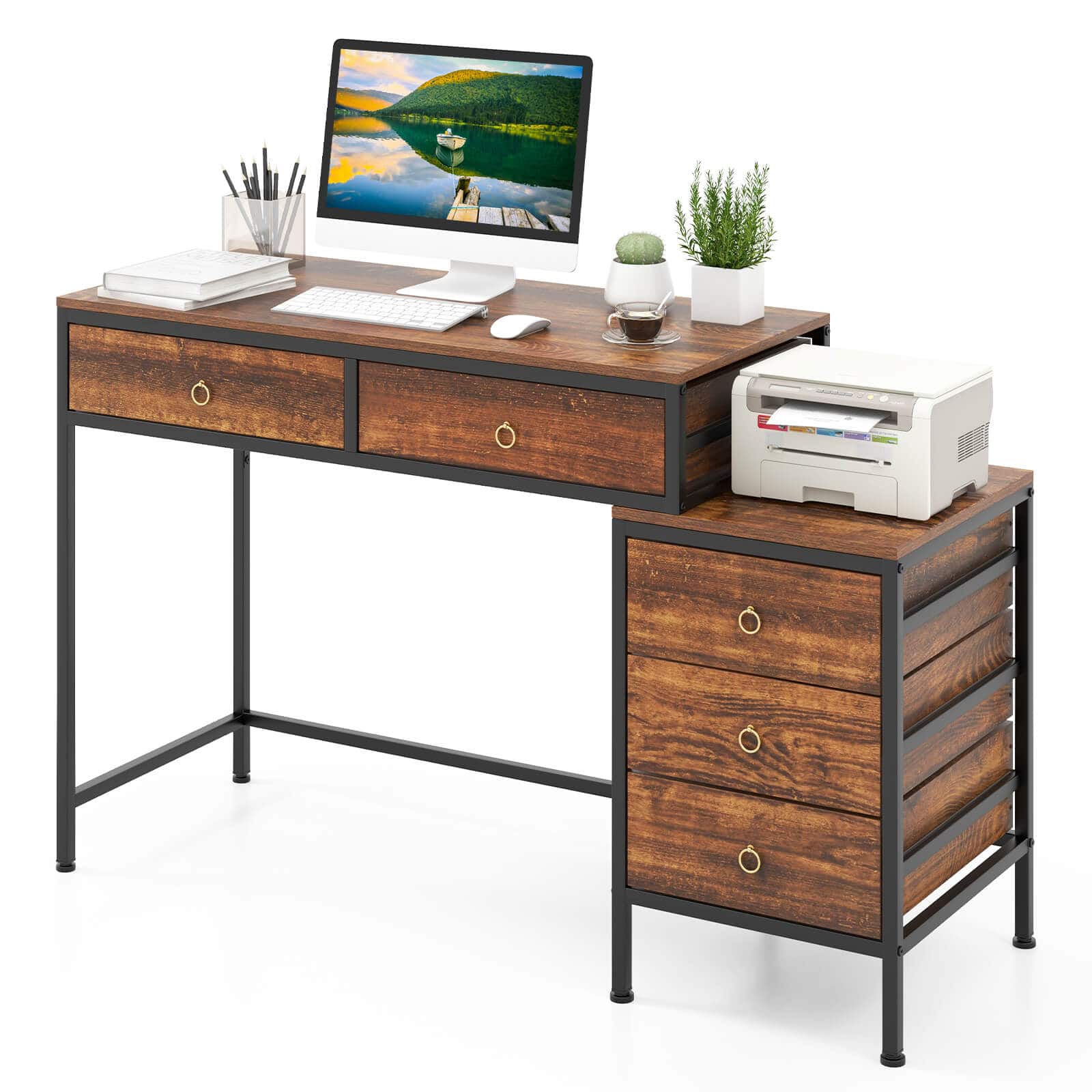 Costway - Computer Desk with 5 Drawers, Side File Cabinet, Heavy-duty Metal Frame for Office - Rustic Brown & Black