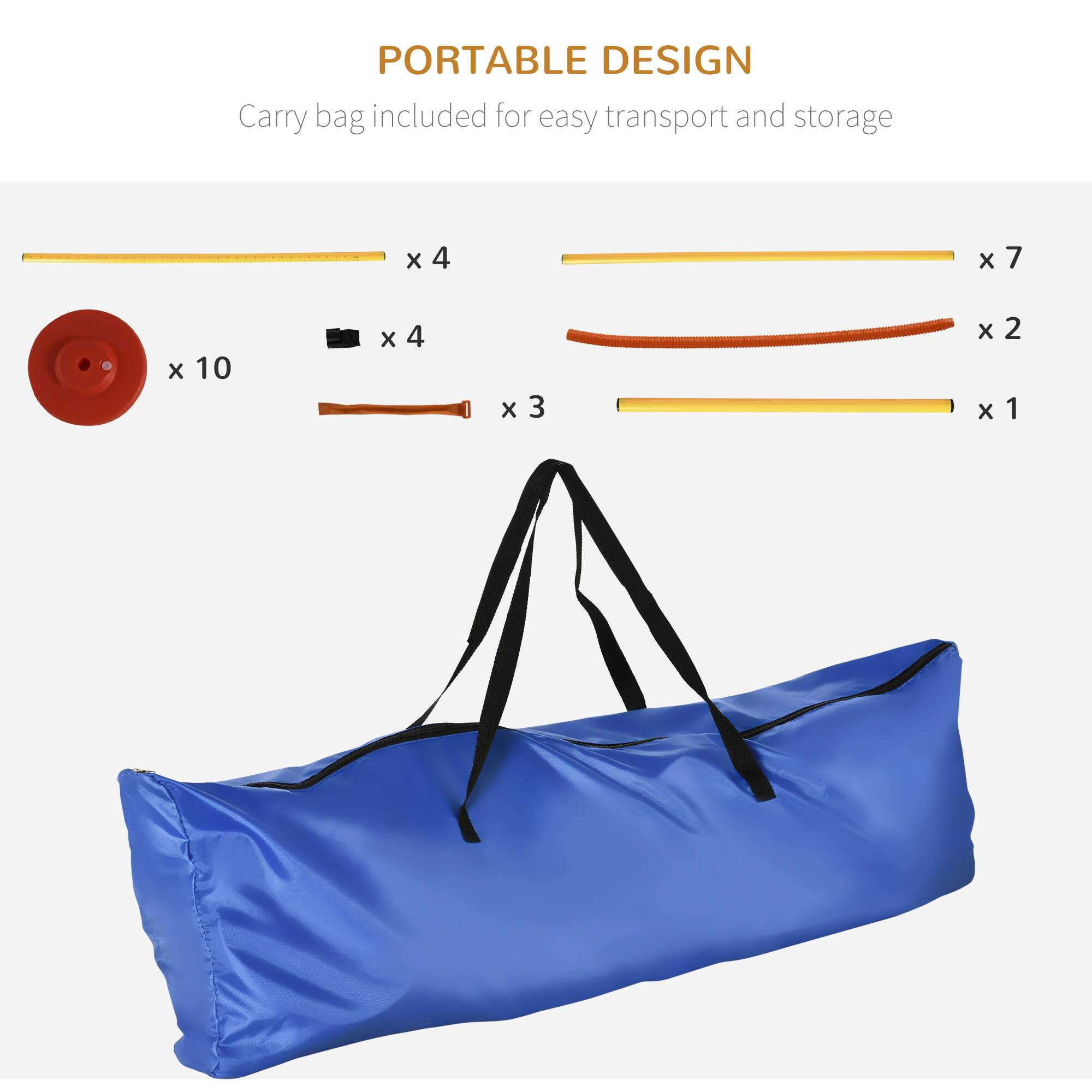 PORTABLE DESIGN  
Carry bag included for easy transport and storage  

- Yellow bar x 4  
- Red disc x 10  
- Black bar x 4  
- Brown bar x 3  
- Yellow bar x 7  
- Brown bar x 2  
- Yellow bar x 1