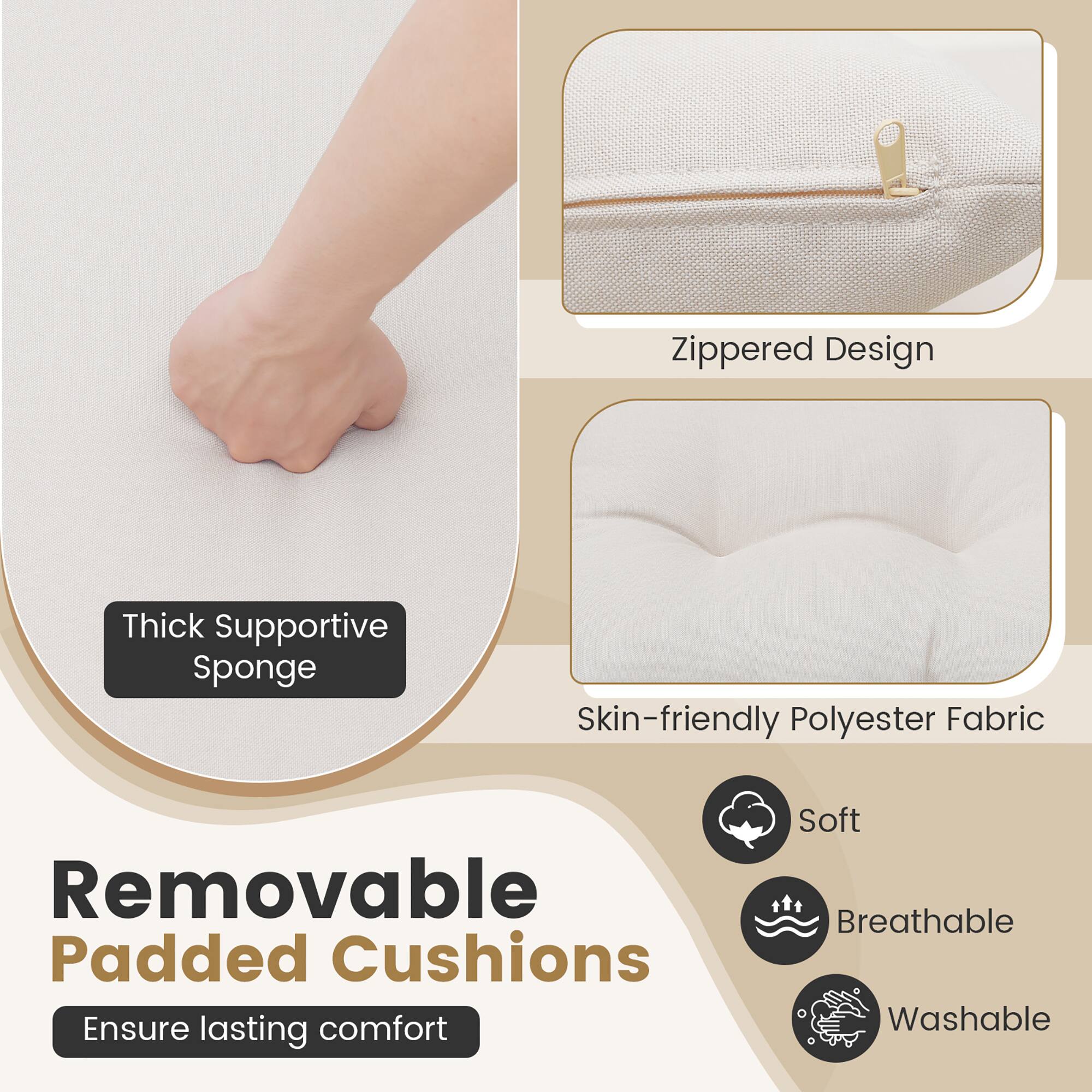 Removable Padded Cushions, Zippered Design, Thick Supportive Sponge, Skin-friendly Polyester Fabric, Soft, Breathable, Washable, Ensure lasting comfort