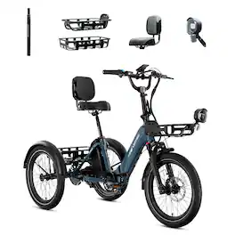 Lectric eBikes - XP Trike2 750 Foldable eBike (Max 70mi./17mph) +Cargo Package, Support Seat, Seat Post, & Elite Headlight - Dusk Blue