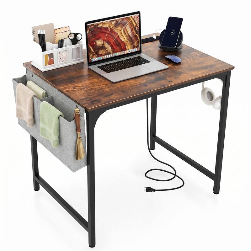 Left. WELLFOR - 32"  Computer Desk with Charging Station & Storage Bag, Study & Gaming Desk with Metal Frame for Small Spaces - Rustic Brown.