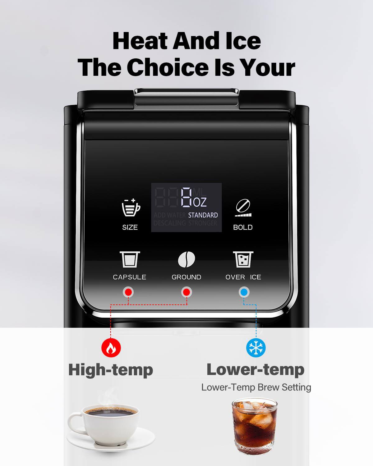Heat And Ice  
The Choice Is Your

- SIZE
- ML OZ
- STANDARD STRONGER
- BOLD
- ADD WATER
- DESCALING
- CAPSULE
- GROUND
- OVER ICE

High-temp  
Lower-Temp Brew Setting

Lower-temp