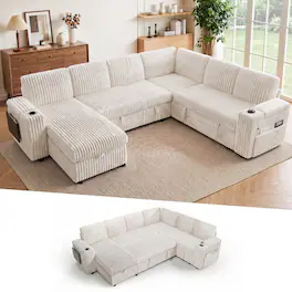 Dyonery - 110" Corduroy Sectional Sleeper Sofa with Pull Out Bed, 7-Seat Couch with Storage/USB Ports/Cup Holders/Side Table - Beige