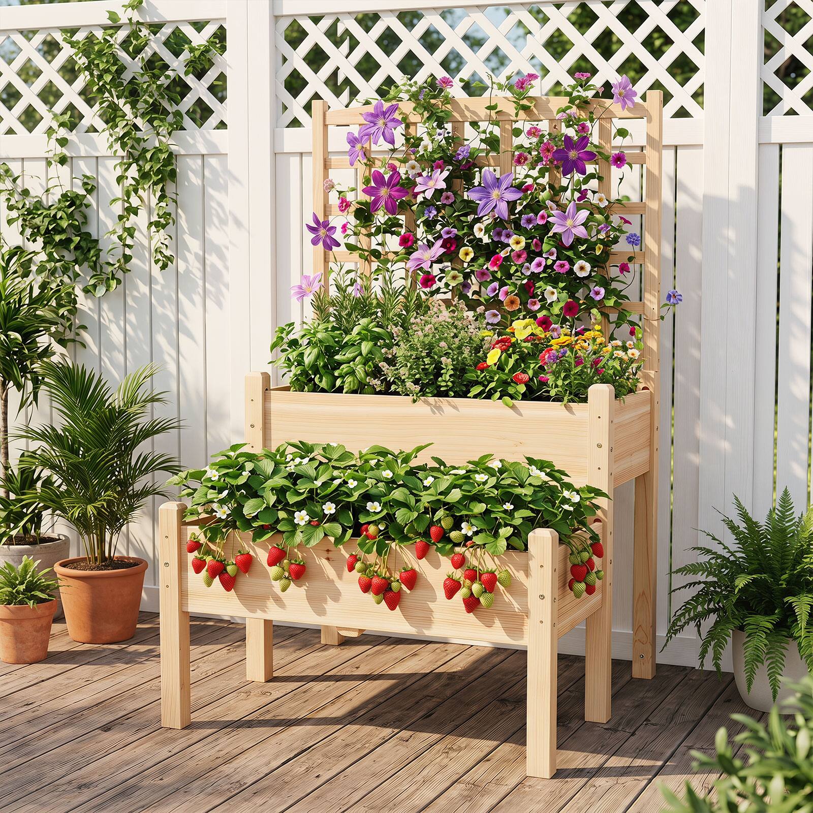 Alt View 4. Gymax - Gymax Raised Garden Bed w/ Trellis 2-Tier Elevated Planter Box for Climbing Plants - Yellow.