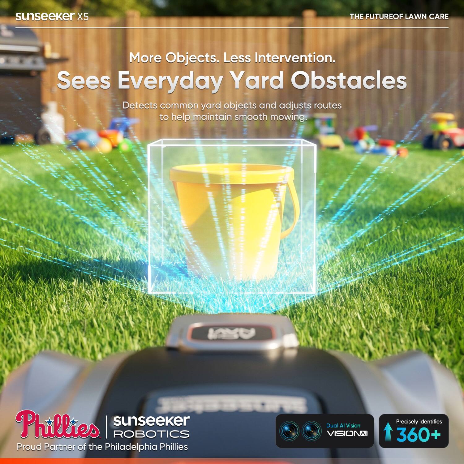 sunseeker X5  
THE FUTURE OF LAWN CARE  

More Objects. Less Intervention.  
Sees Everyday Yard Obstacles  
Detects common yard objects and adjusts routes to help maintain smooth mowing.  

sunseeker ROBOTICS  
Proud Partner of the Philadelphia Phillies  

Dual AI Vision  
VISIONAI  
Precisely identifies 360+