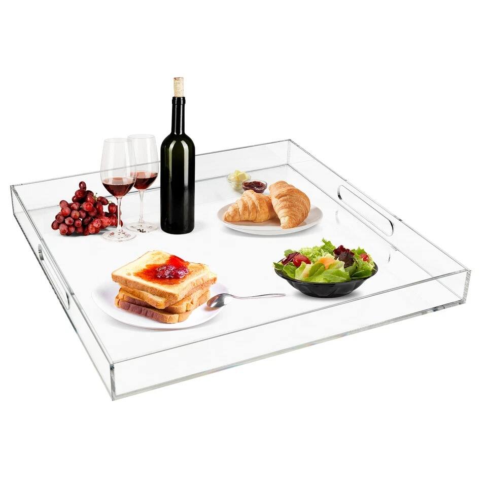 Back. Home Collection - Clear Large Acrylic Square Serving Tray with Handles - Transparent.