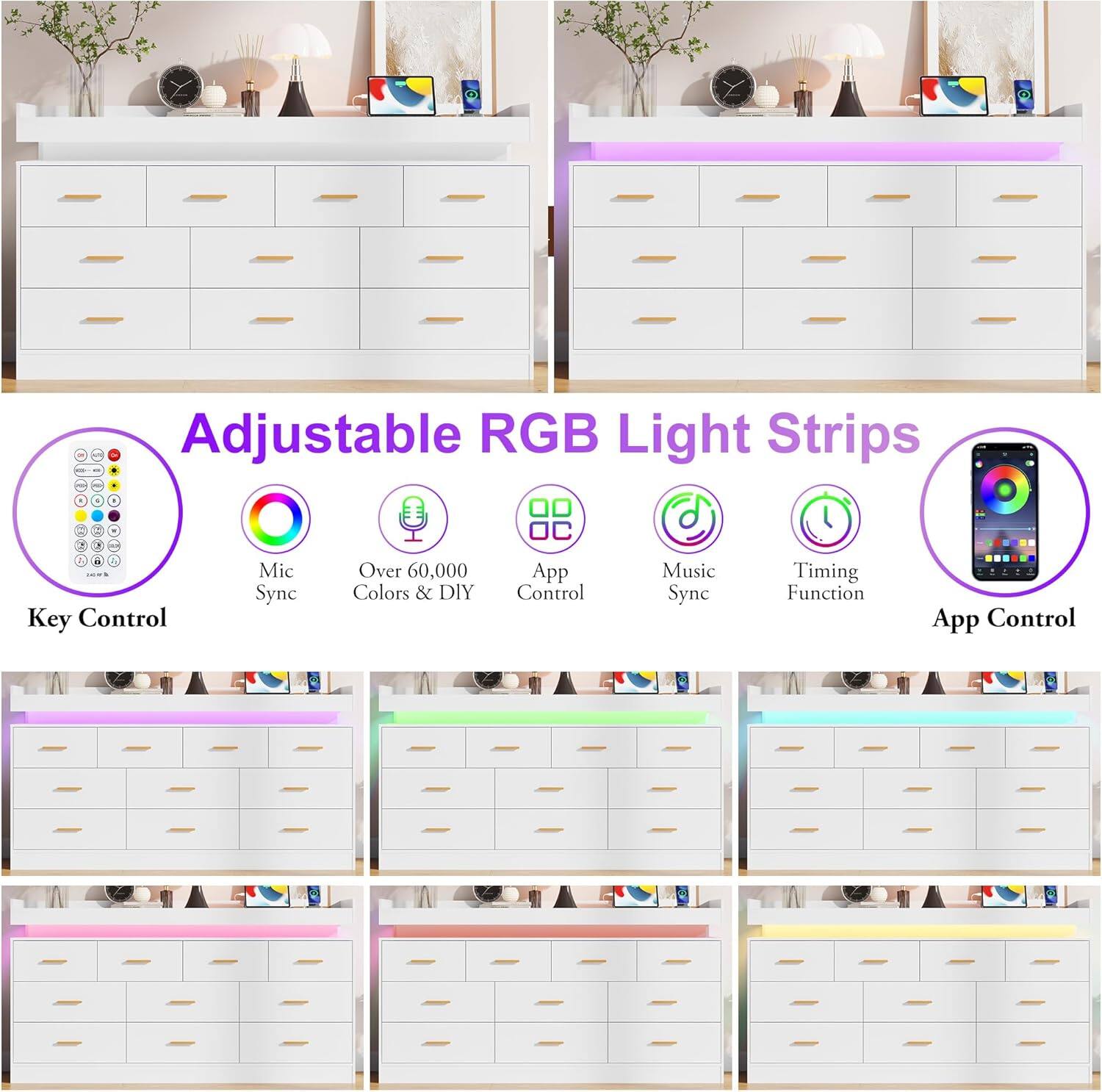 Adjustable RGB Light Strips

- Key Control
- Mic Sync
- Over 60,000 Colors & DIY
- App Control
- Music Sync
- Timing Function
- App Control