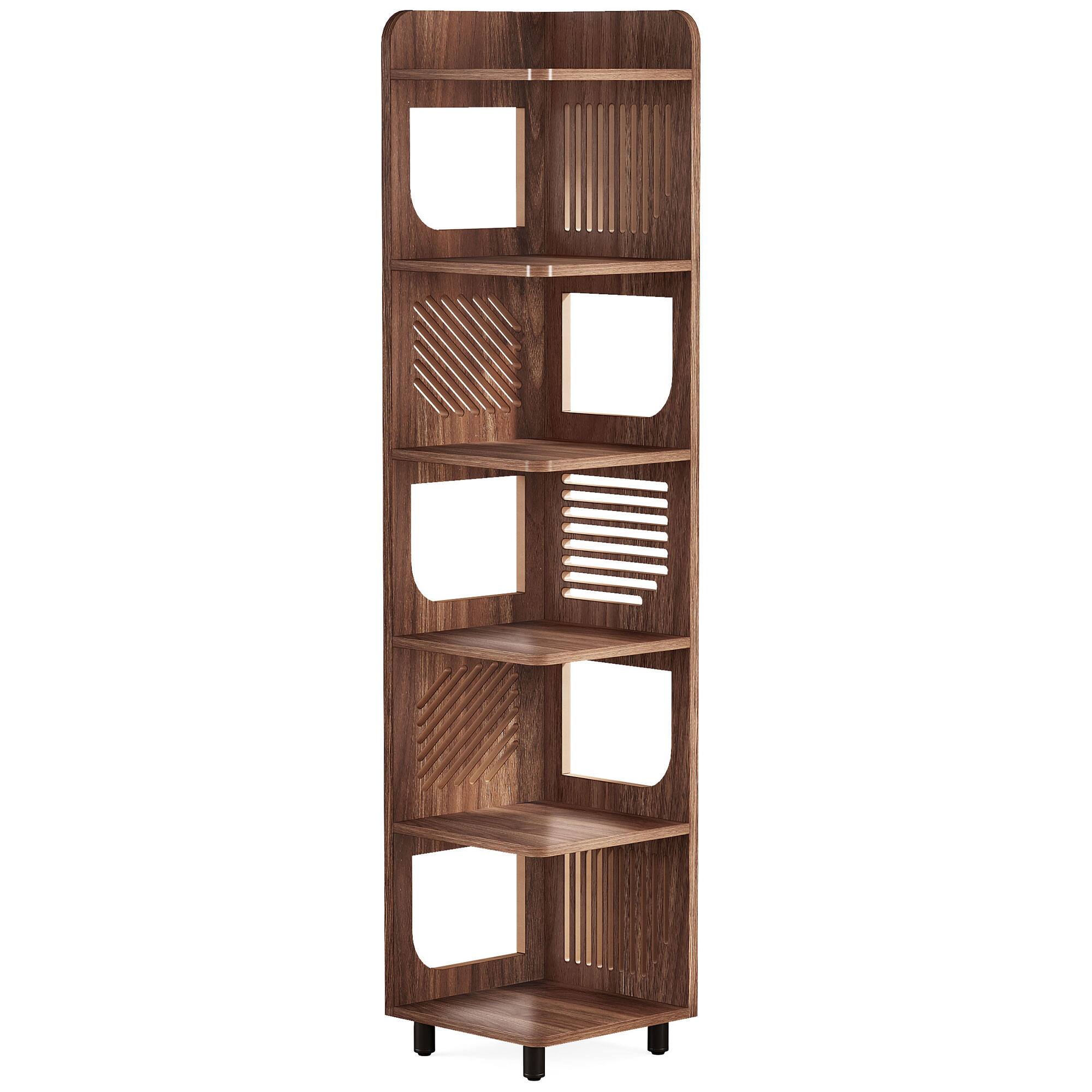 Back. TinyHomie - 71.65in Tall 6-Tier Rustic Brown Narrow Corner Bookshelf Storage for Living room Office Bedroom - Brown.