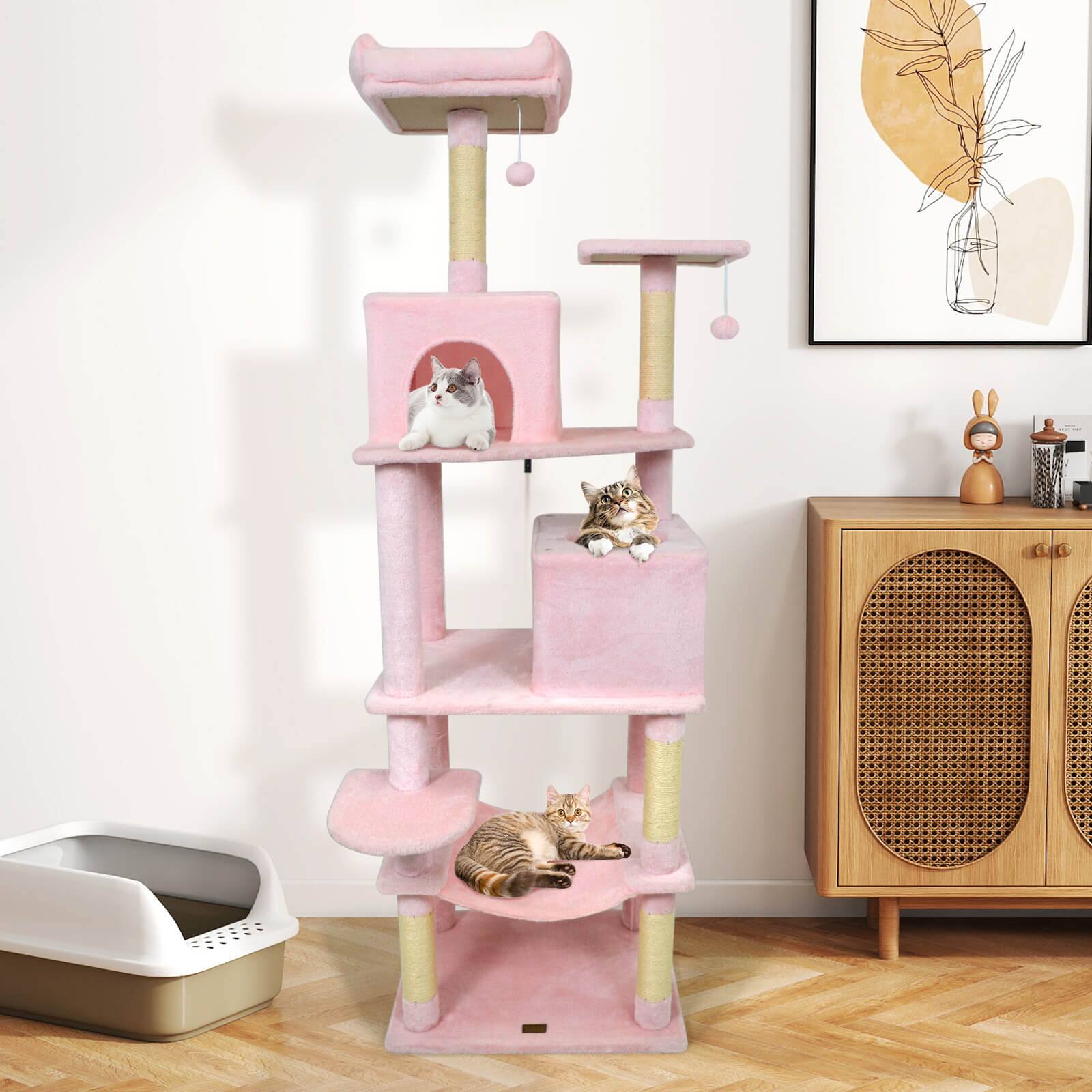 Alt View 4. Costway - Costway 70" Cat Tree for Indoor Cats with Padded Top Perch, Dual Condos, Hammock, Platforms - Pink.