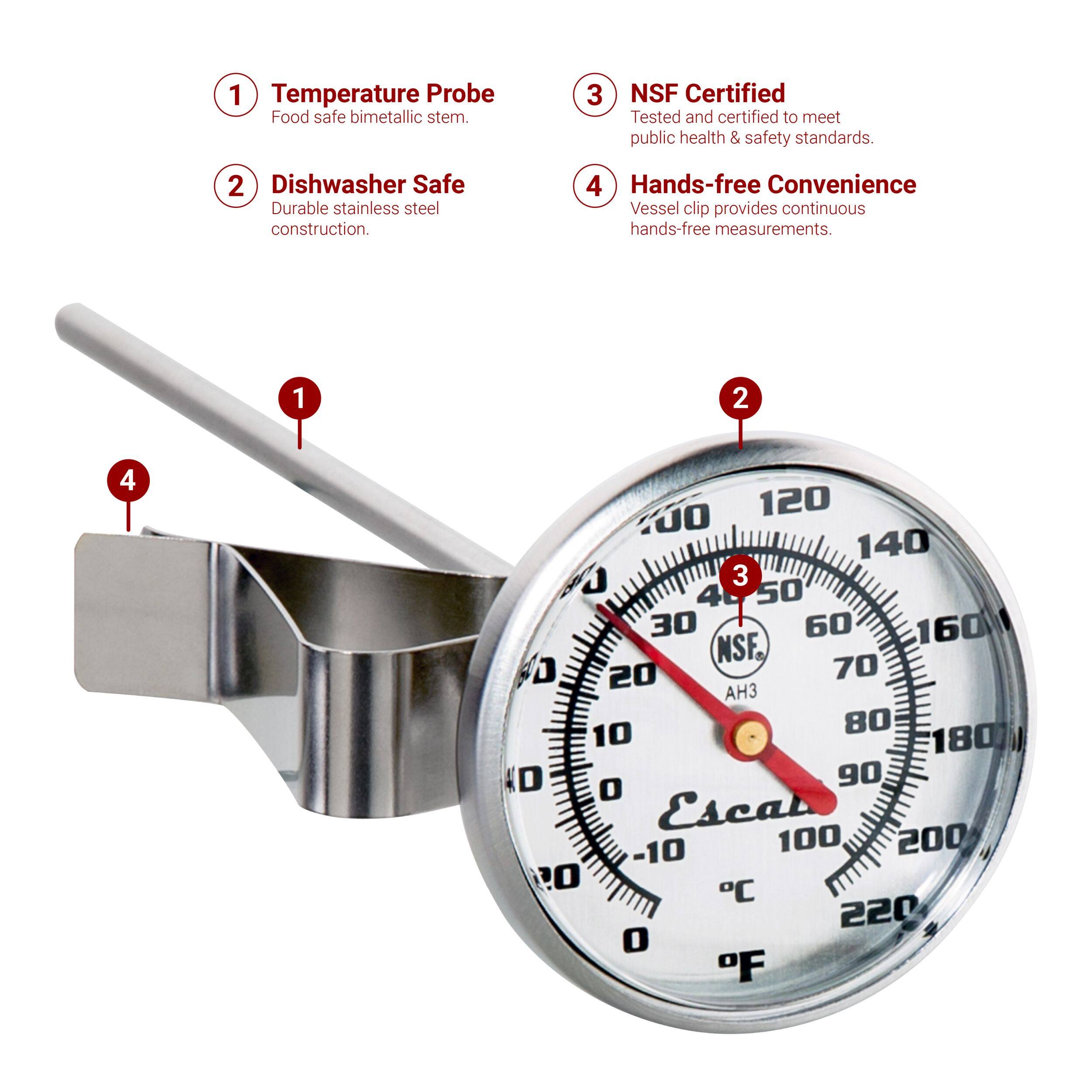 1. Temperature Probe Food safe bimetallic stem.
2. Dishwasher Safe Durable stainless steel construction.
3. NSF Certified Tested and certified to meet public health & safety standards.
4. Hands-free Convenience Vessel clip provides continuous hands-free measurements.