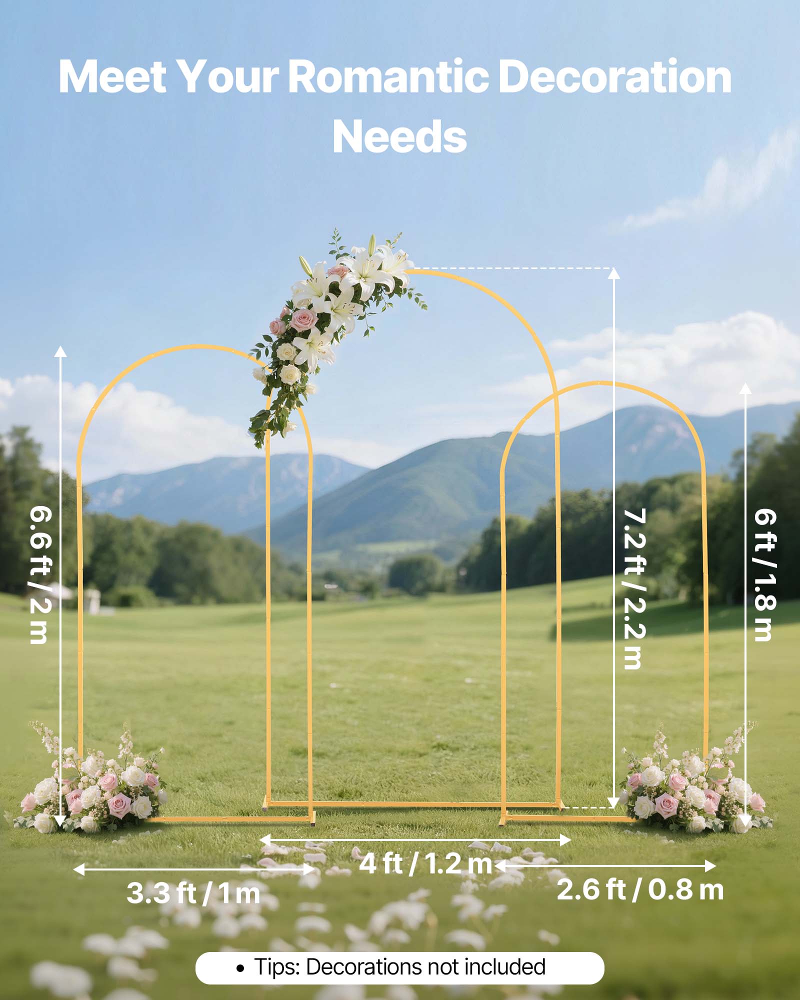 Meet Your Romantic Decoration Needs

6.6ft/2m  
7.2ft/2.2m  
6ft/1.8m  
3.3ft/1m  
4ft/1.2m  
2.6ft/0.8m  

Tips: Decorations not included