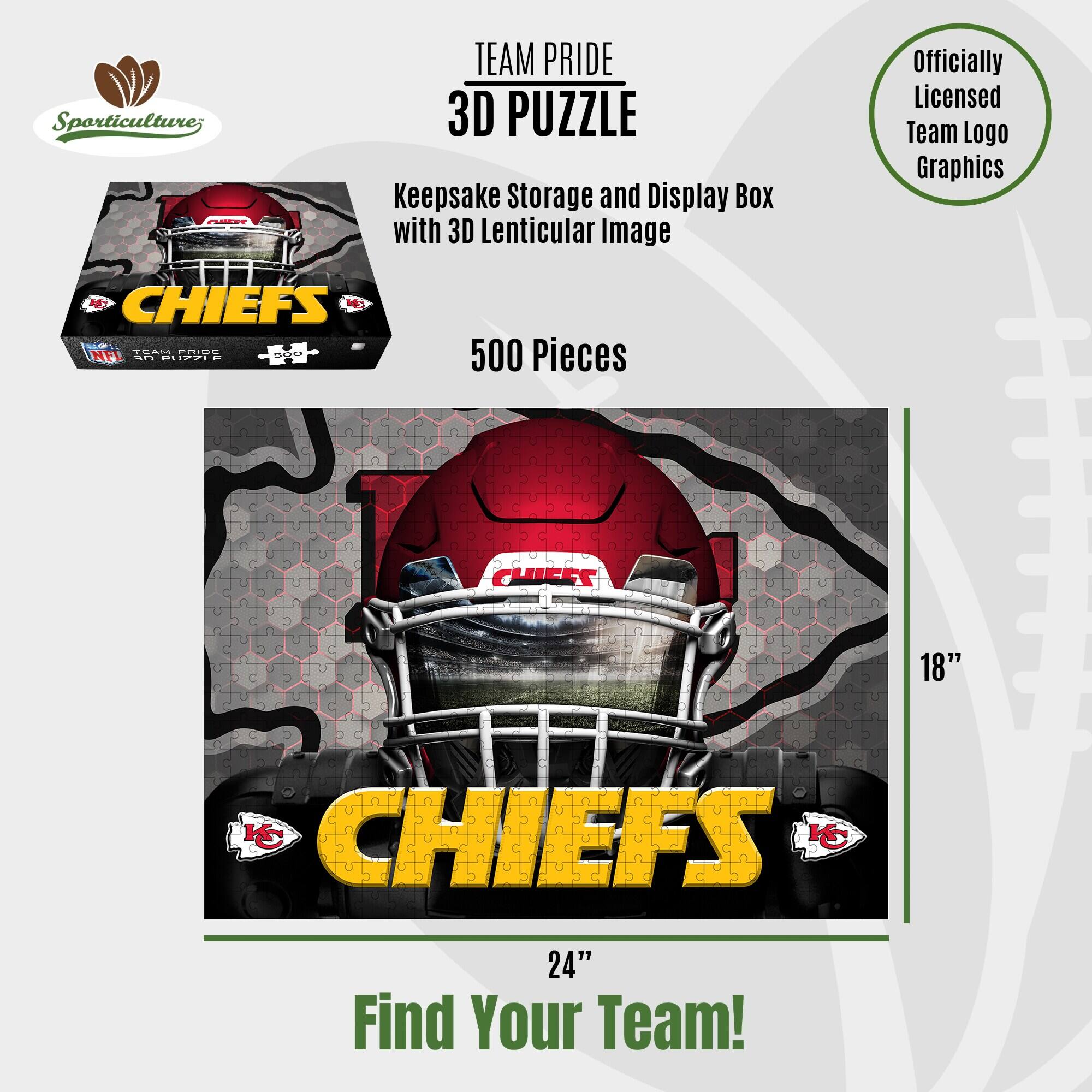 Sporticulture; PASET TEAM PRIDE 3D PUZZLE Keepsake Storage and Display Box with 3D Lenticular Image Officially Licensed Team Logo Graphics CHIEFS 500 Pieces 18" x 24" Find Your Team!