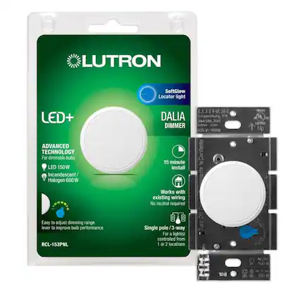 LUTRON SoftGlow Locator light LED+
DALIA DIMMER
ADVANCED TECHNOLOGY
For dimmable bulbs
LED 150W
Incandescent/ Halogen 600W
LUTRON DALIA
Coopersburg PA
15 minute install
Works with existing wiring
No neutral required
Easy to adjust dimming range lever to improve bulb performance
Single pole /3-way
For a light(s) controlled from 1 or 2 locations
RCL-153PNL
120V ~ 60Hz
150W
108
1021