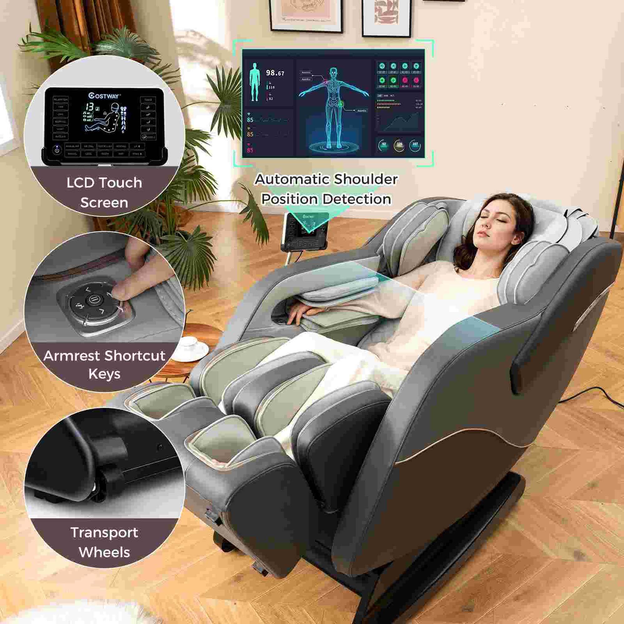 The text on the image is grouped and corrected as follows:

1. LCD Touch Screen: The screen is designed for easy navigation and control of the massage chair's features.
2. Automatic Shoulder Position Detection: The massage chair detects the user's shoulder position and adjusts the massage accordingly.
3. Armrest Shortcut Keys: The massage chair has shortcut keys on the armrest for easy access to various functions.
4. Transport Wheels: The massage chair has wheels for easy transportation.
