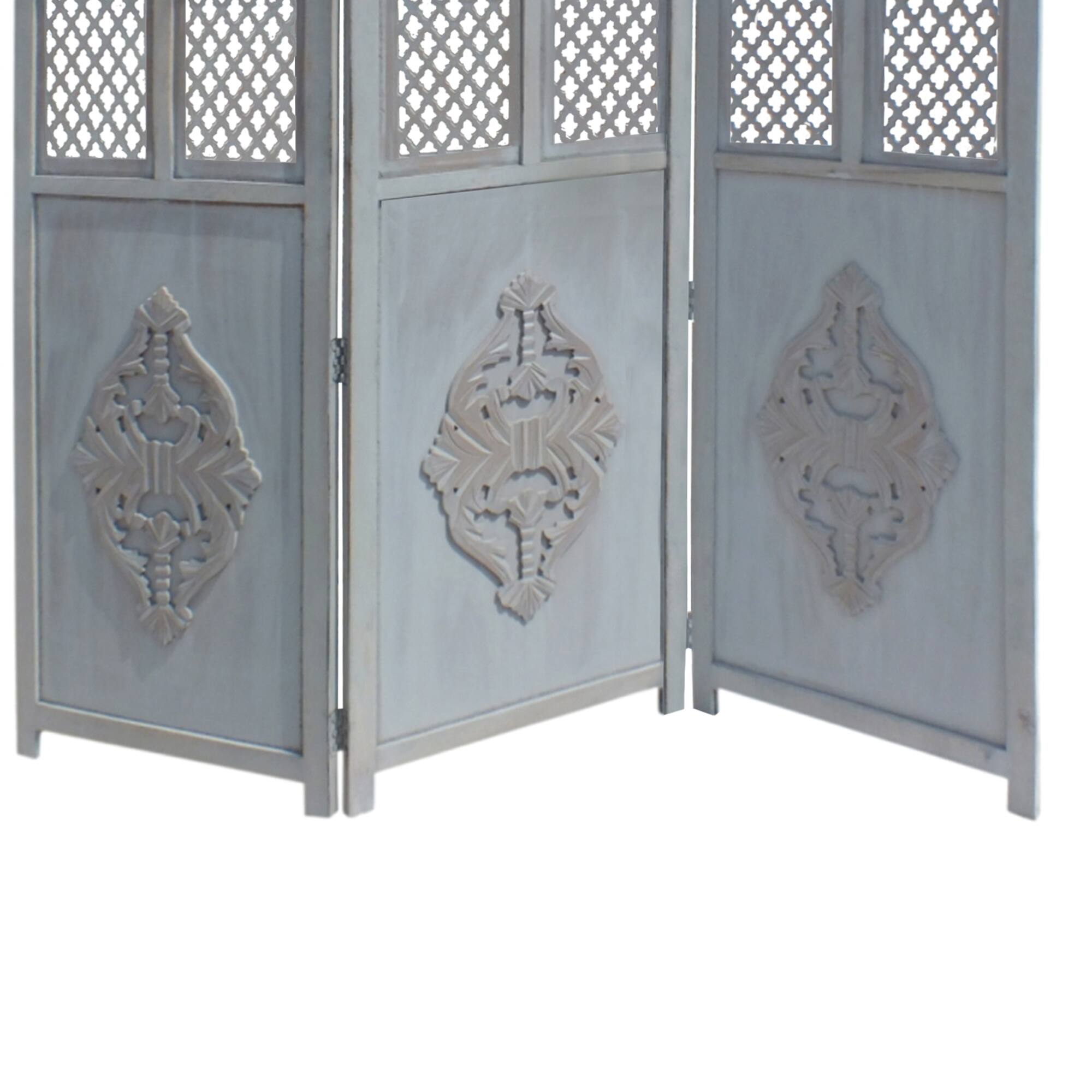 Alt View 3. Manhattan Lane - Three Panel Wooden Room Divider with Traditional Carvings and Cutouts - Blue.