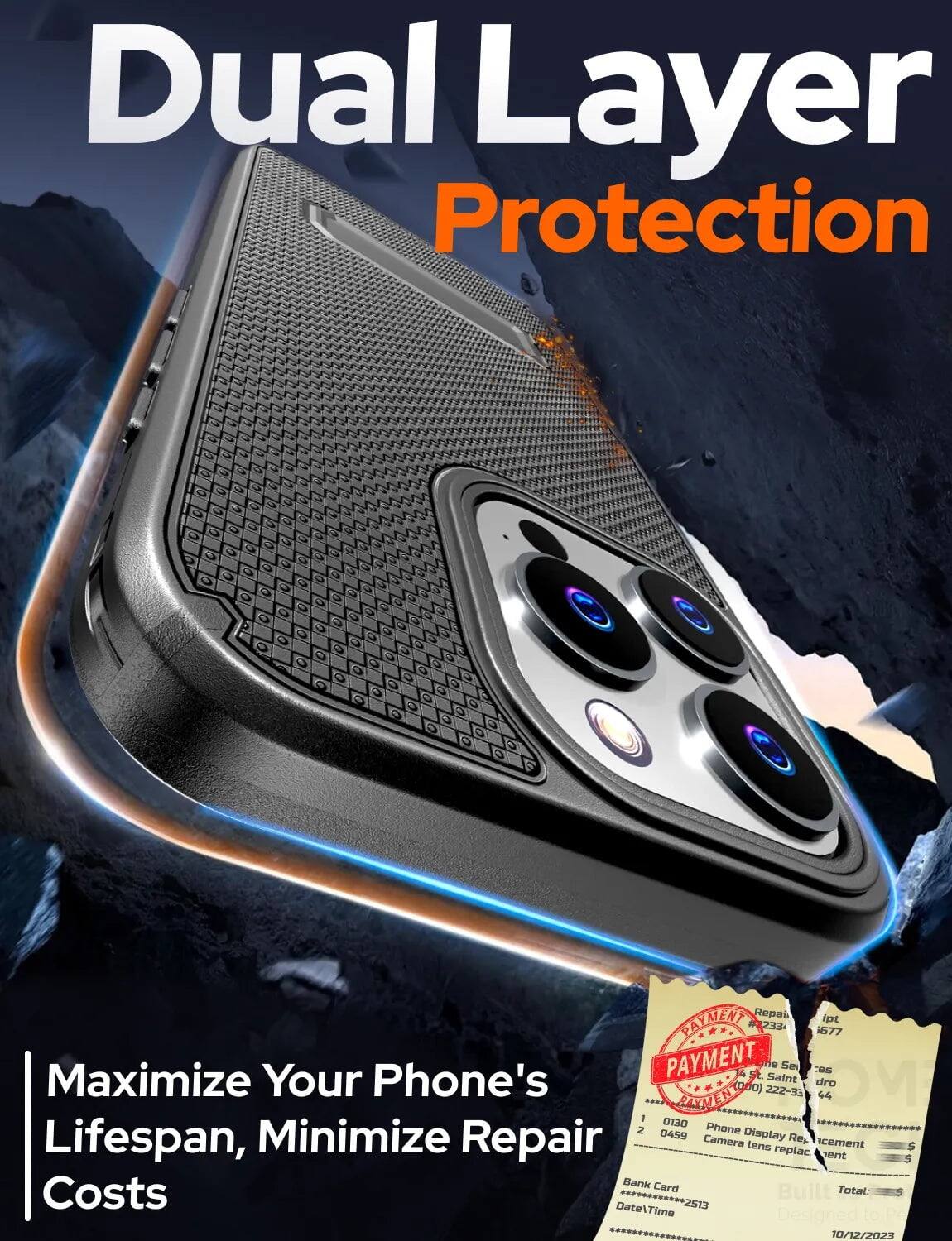Dual Layer Protection  
Maximize Your Phone's Lifespan, Minimize Repair Costs  

PAYMENT  
#233  
1677  
Repair  
Phone Display Replacement  
Camera Lens Replacement  
Bank Card  
Total: $2513  
Date/Time: 10/12/2023