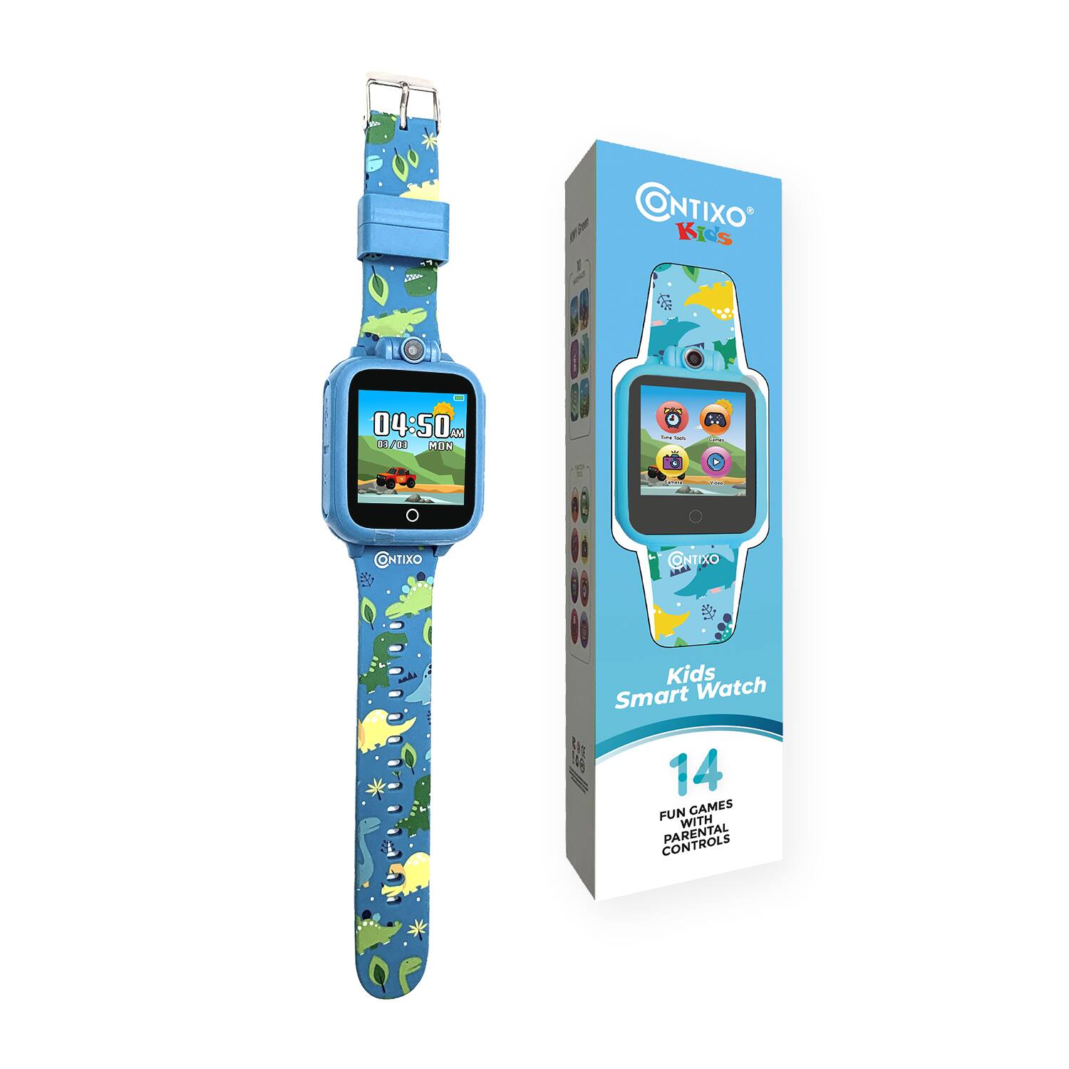 ONTIXO KIDS  
04:50 AM  
08/08 MON  
Kids Smart Watch  
FA F 168  
14 FUN GAMES WITH CONTROLS PARENTAL