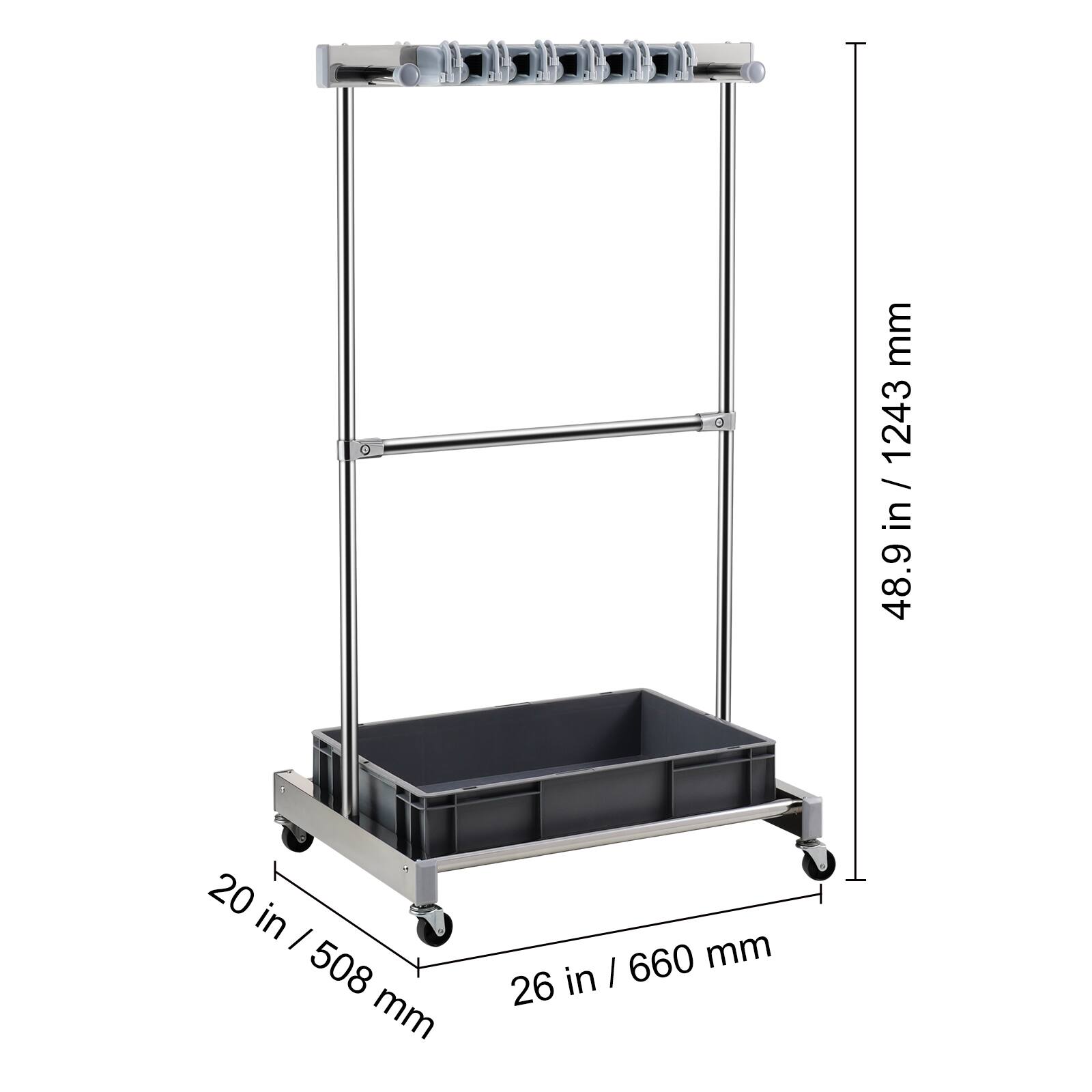 - Height: 48.9 in / 1243 mm
- Width: 26 in / 660 mm
- Depth: 20 in / 508 mm
