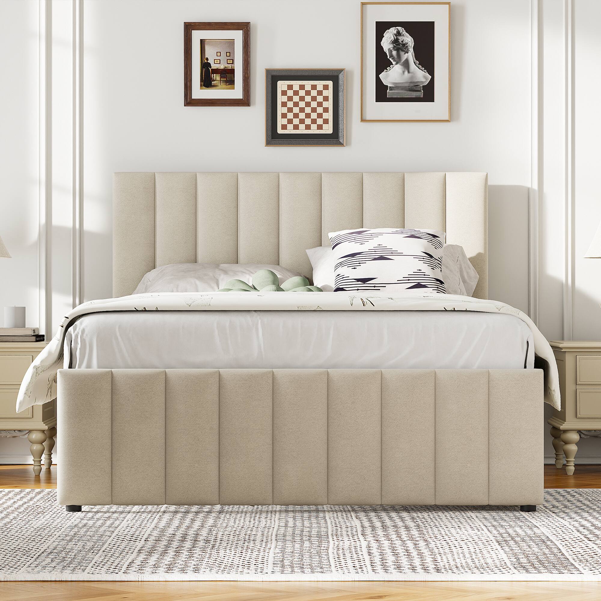 Angle. Tiramisubest - Full Size Upholstered Platform Bed with Twin Size Trundle and 3 Drawers, Linen Fabric, Beige - Beige.