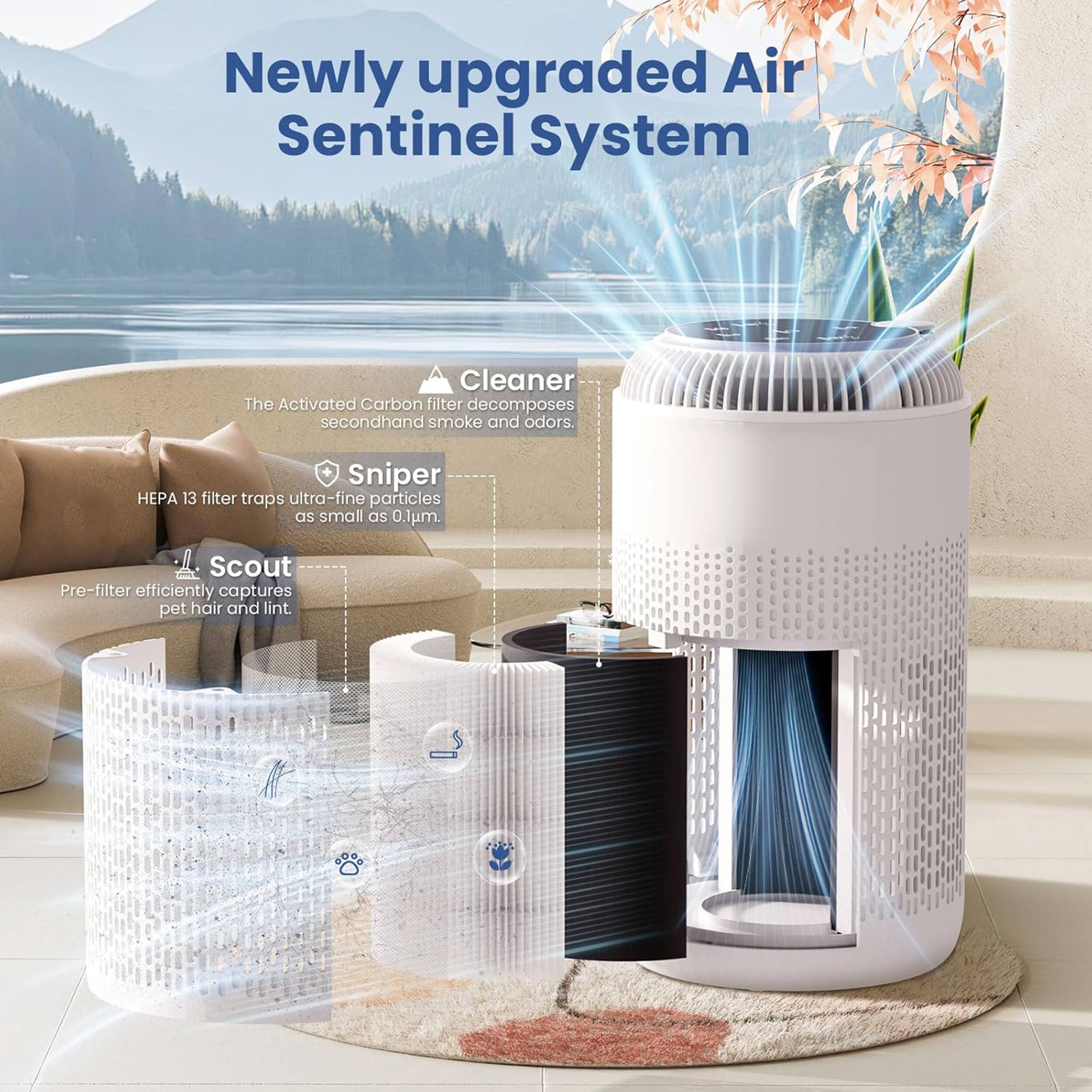 Newly upgraded Air Sentinel System

Cleaner  
The Activated Carbon filter decomposes secondhand smoke and odors.

Sniper  
HEPA 13 filter traps ultra-fine particles as small as 0.1µm.

Scout  
Pre-filter efficiently captures pet hair and lint.