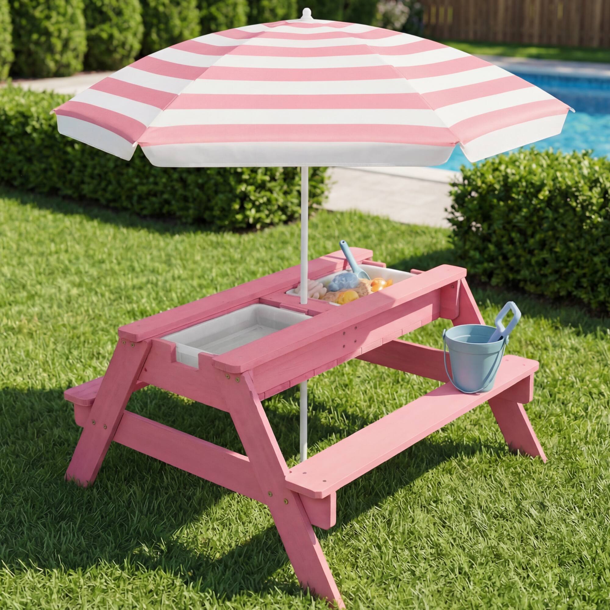 Alt View 2. Best Choice Products - Best Choice Products Kids 3-in-1 Outdoor Sand and Water Activity Picnic Table with Umbrella - Pink - Pink.