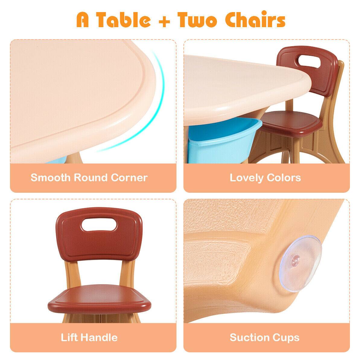 A Table + Two Chairs

- Smooth Round Corner
- Lovely Colors
- Lift Handle
- Suction Cups