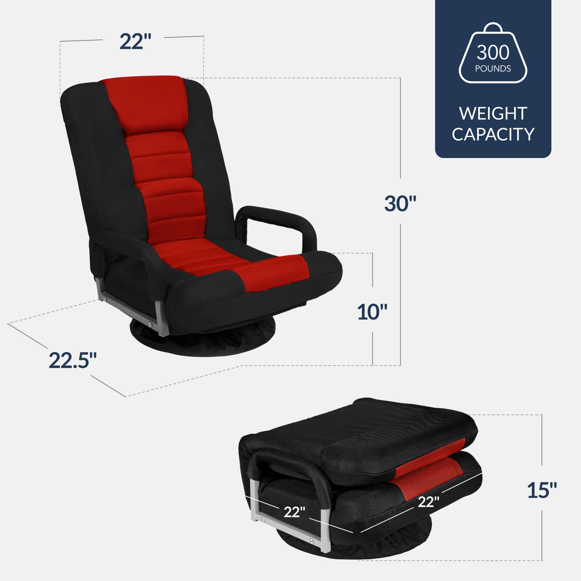 - 22" (width)
- 30" (depth)
- 10" (height)
- 22.5" (seat width)
- 15" (footrest width)
- 22" (footrest depth)
- 300 pounds weight capacity