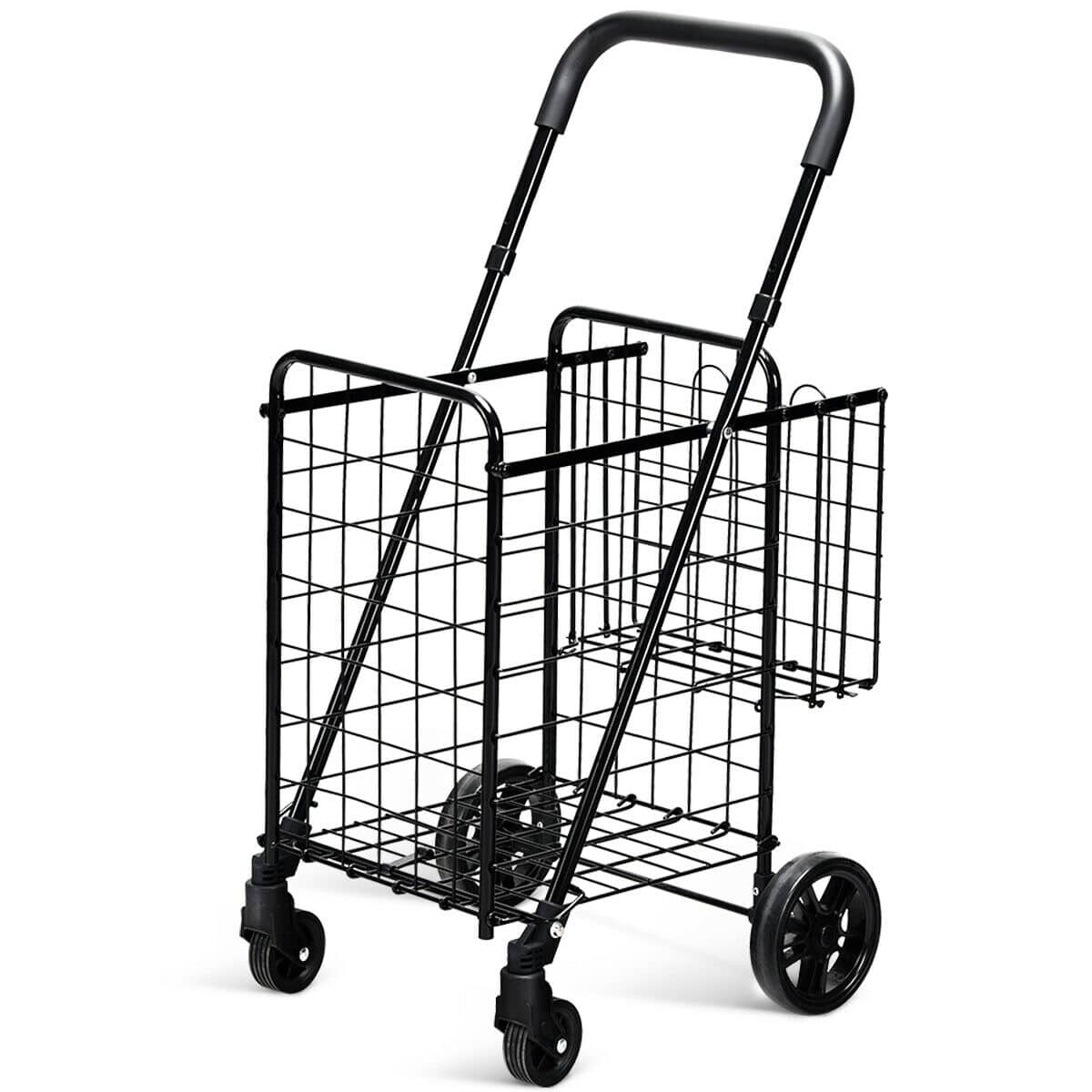 Front. Costway - Folding Shopping Cart Jumbo Basket Rolling Utility Trolley with Adjustable Handle - Black.