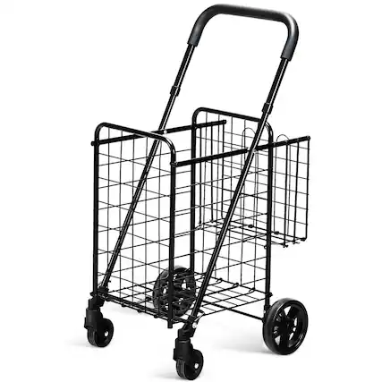 Front. Costway - Folding Shopping Cart Jumbo Basket Rolling Utility Trolley with Adjustable Handle - Black.