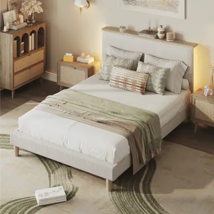 Front. Bestier - Queen Size Upholstered Platform Bed Frame with LED Lighting and Adjustable Storage Headboard for Bedroom - Beige.