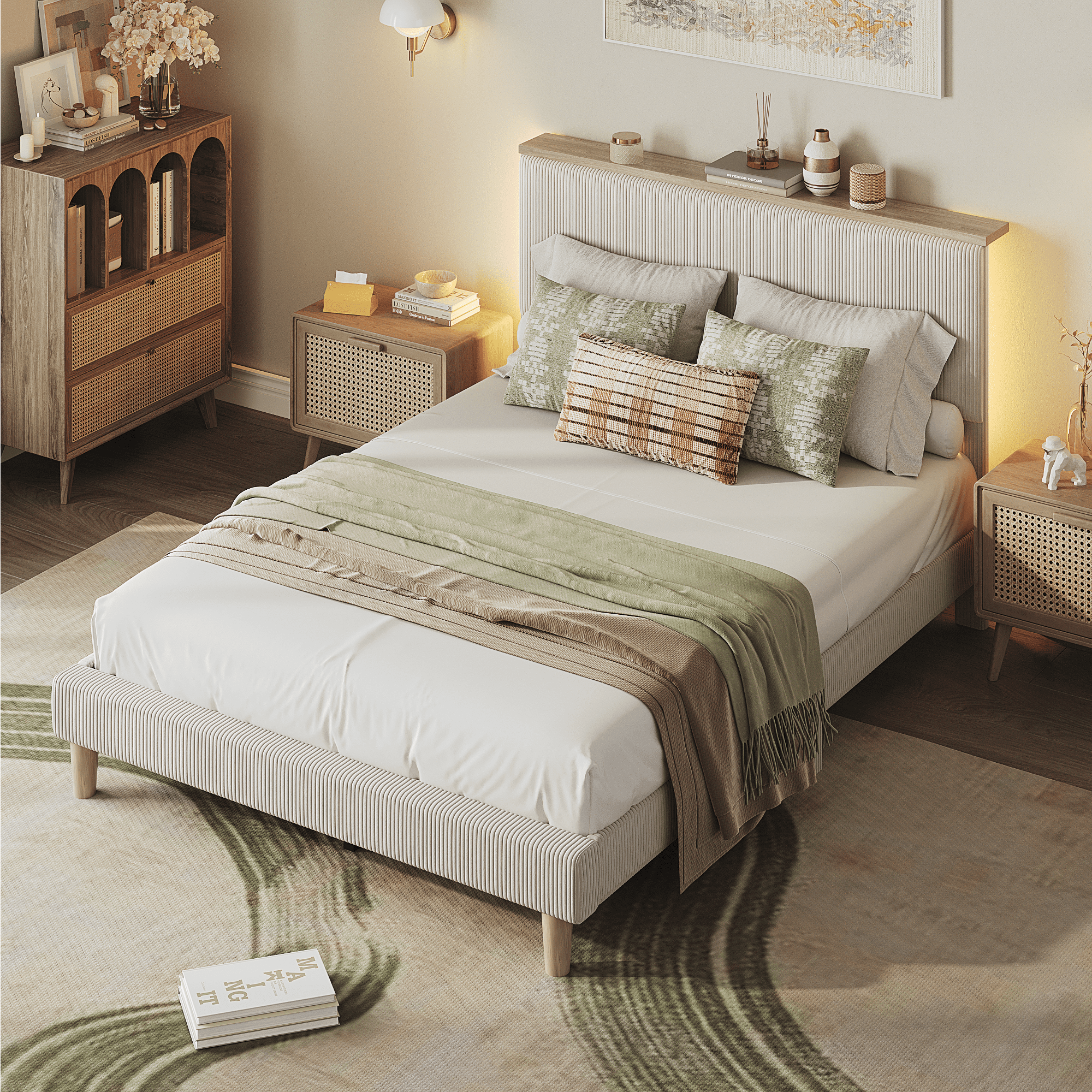 Bestier - Queen Size Upholstered Platform Bed Frame with LED Lighting and Adjustable Storage Headboard for Bedroom - Beige