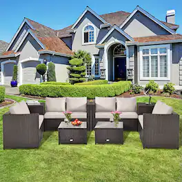 Costway - 8PCS Outdoor Patio Rattan Furniture Set Cushioned Loveseat Storage Table - Brown