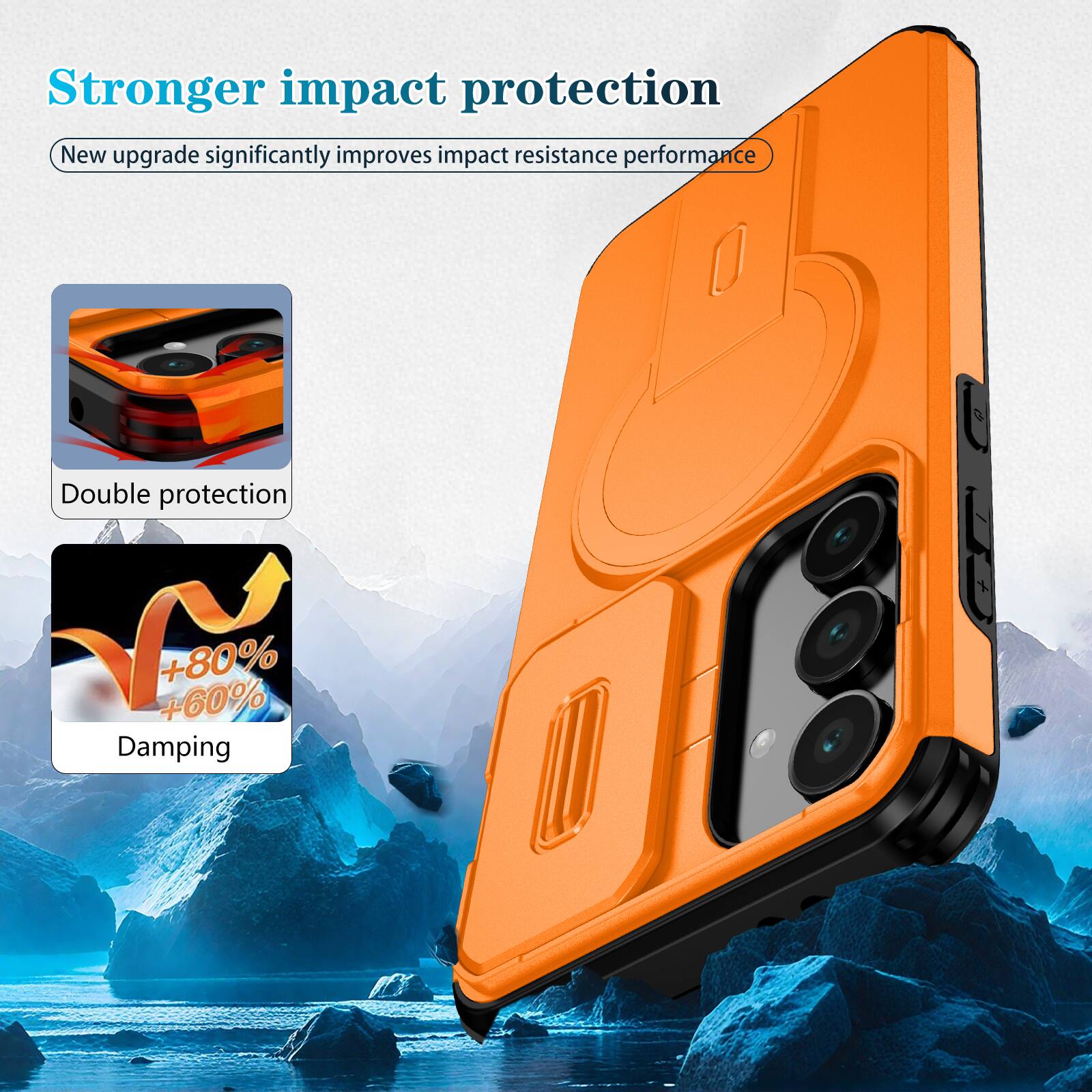 Stronger impact protection  
New upgrade significantly improves impact resistance performance  
Double protection  
+80% +60% Damping