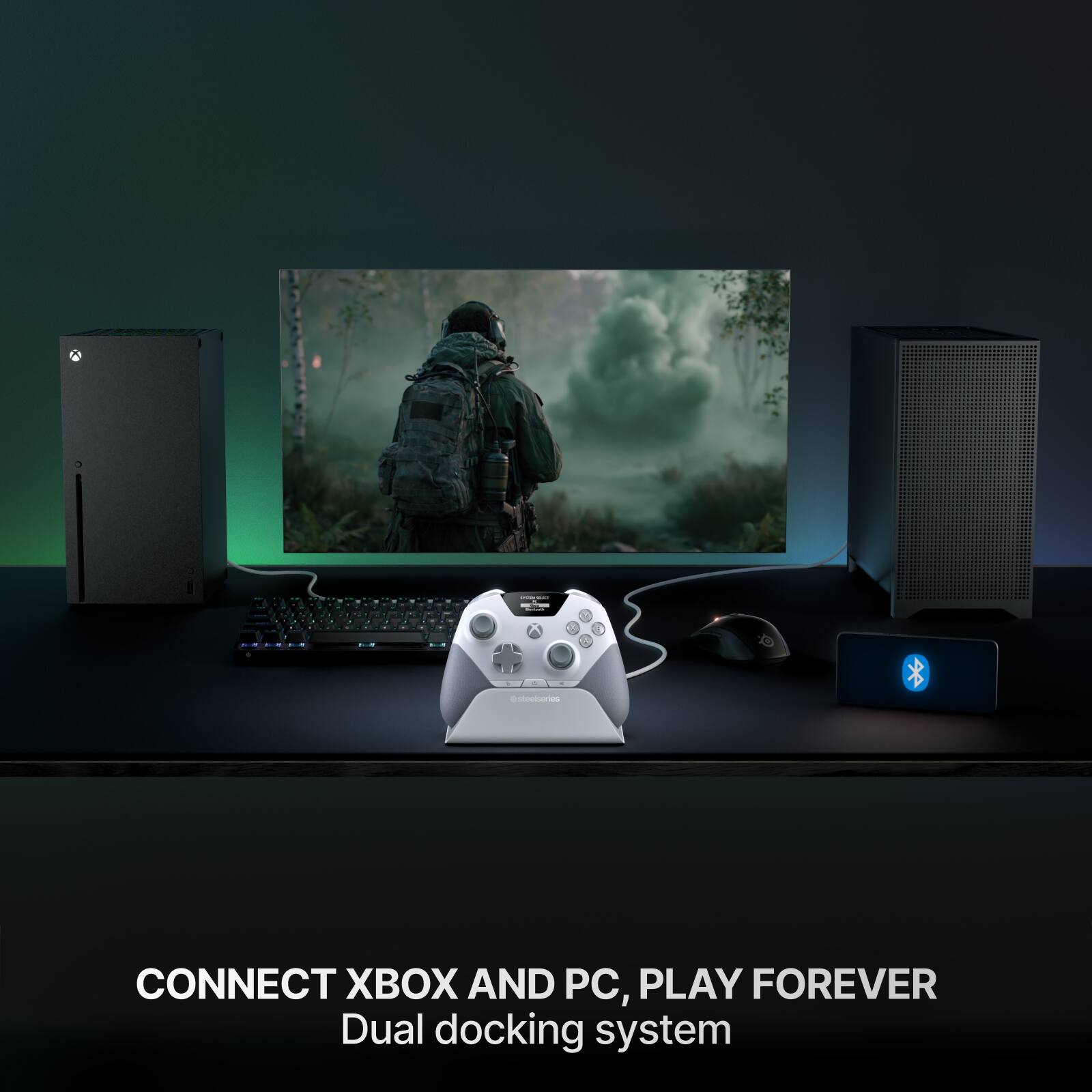 - @steelseries
- CONNECT XBOX AND PC, PLAY FOREVER
- Dual docking system