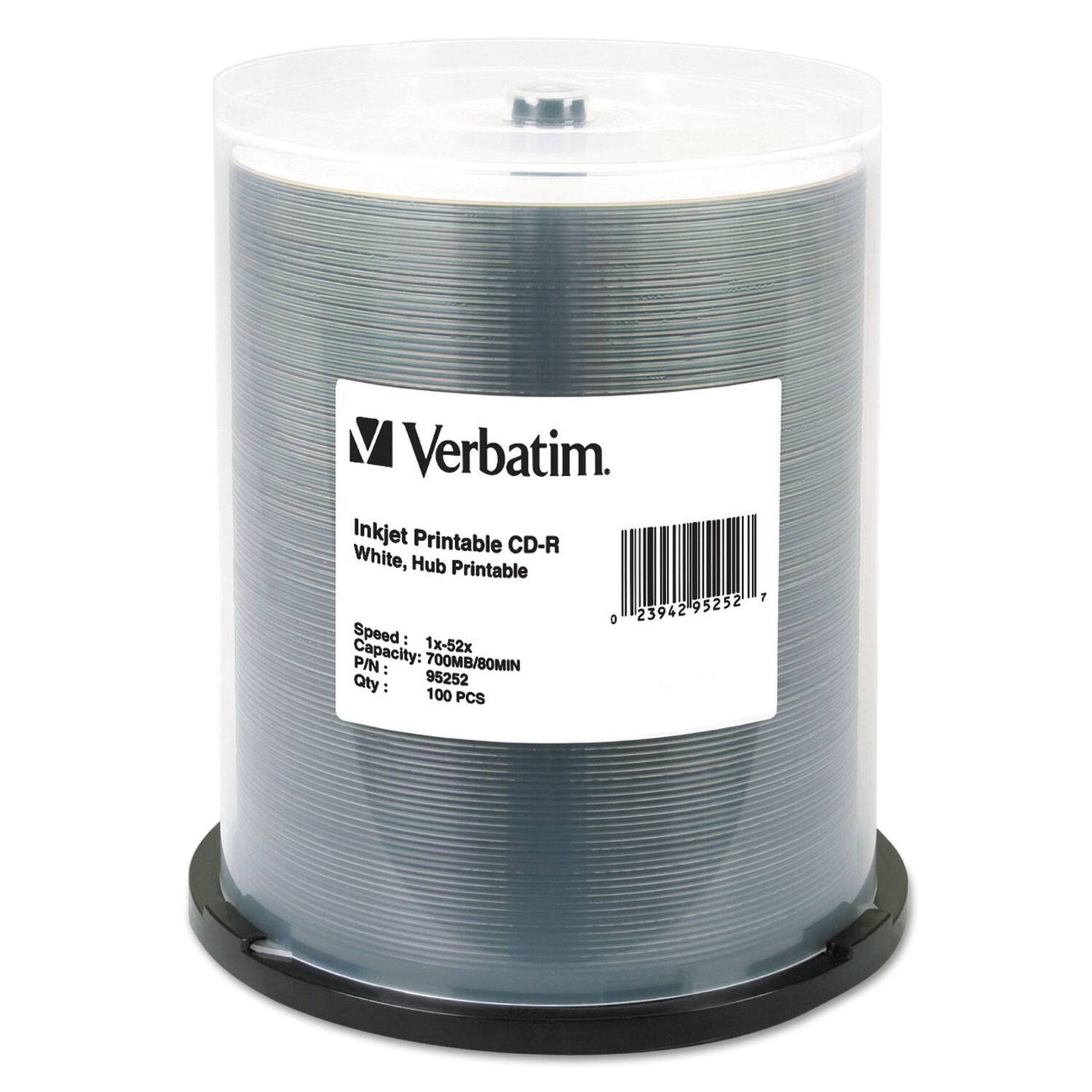 Verbatim  
Inkjet Printable CD-R  
White, Hub Printable  

Speed: 1x-52x  
Capacity: 700MB/80MIN  
P/N: 95252  
Qty: 100 PCS