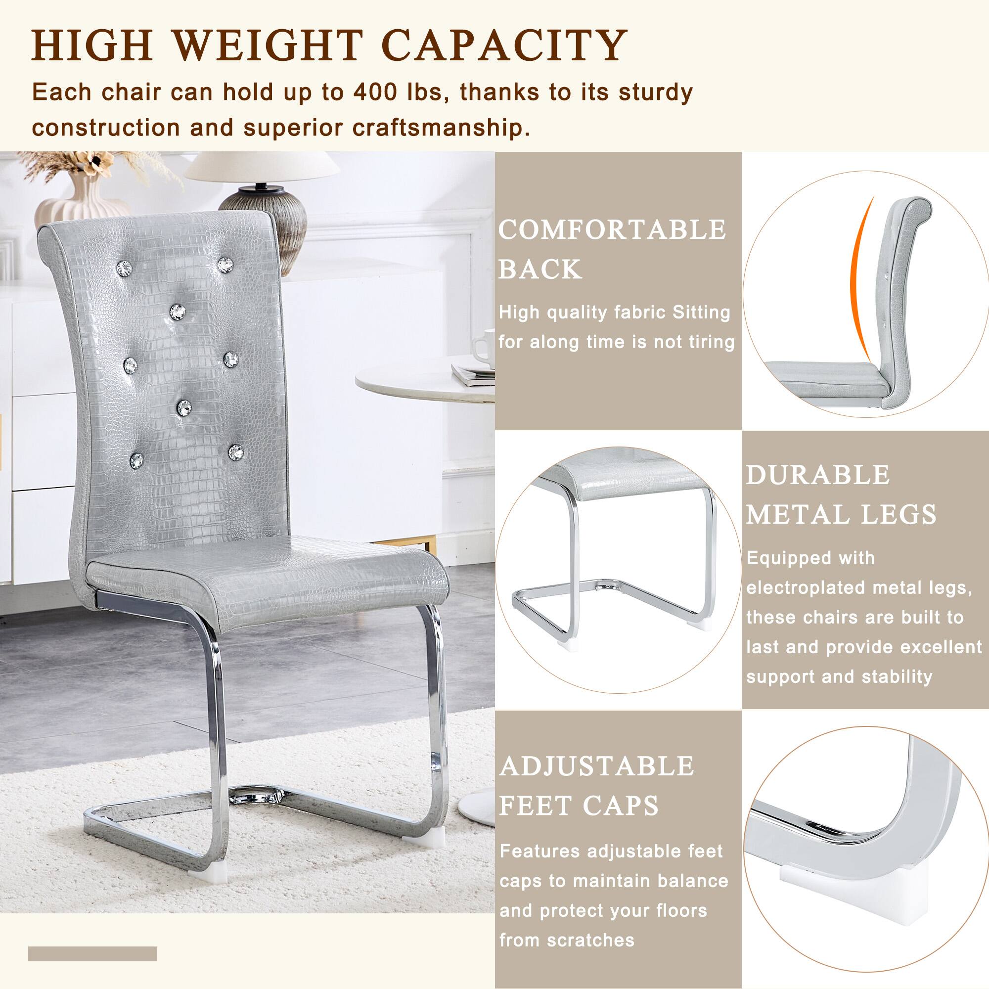 HIGH WEIGHT CAPACITY  
Each chair can hold up to 400 lbs, thanks to its sturdy construction and superior craftsmanship.

COMFORTABLE BACK  
High quality fabric. Sitting for a long time is not tiring.

DURABLE METAL LEGS  
Equipped with electroplated metal legs, these chairs are built to last and provide excellent support and stability.

ADJUSTABLE FEET CAPS  
Features adjustable feet caps to maintain balance and protect your floors from scratches.