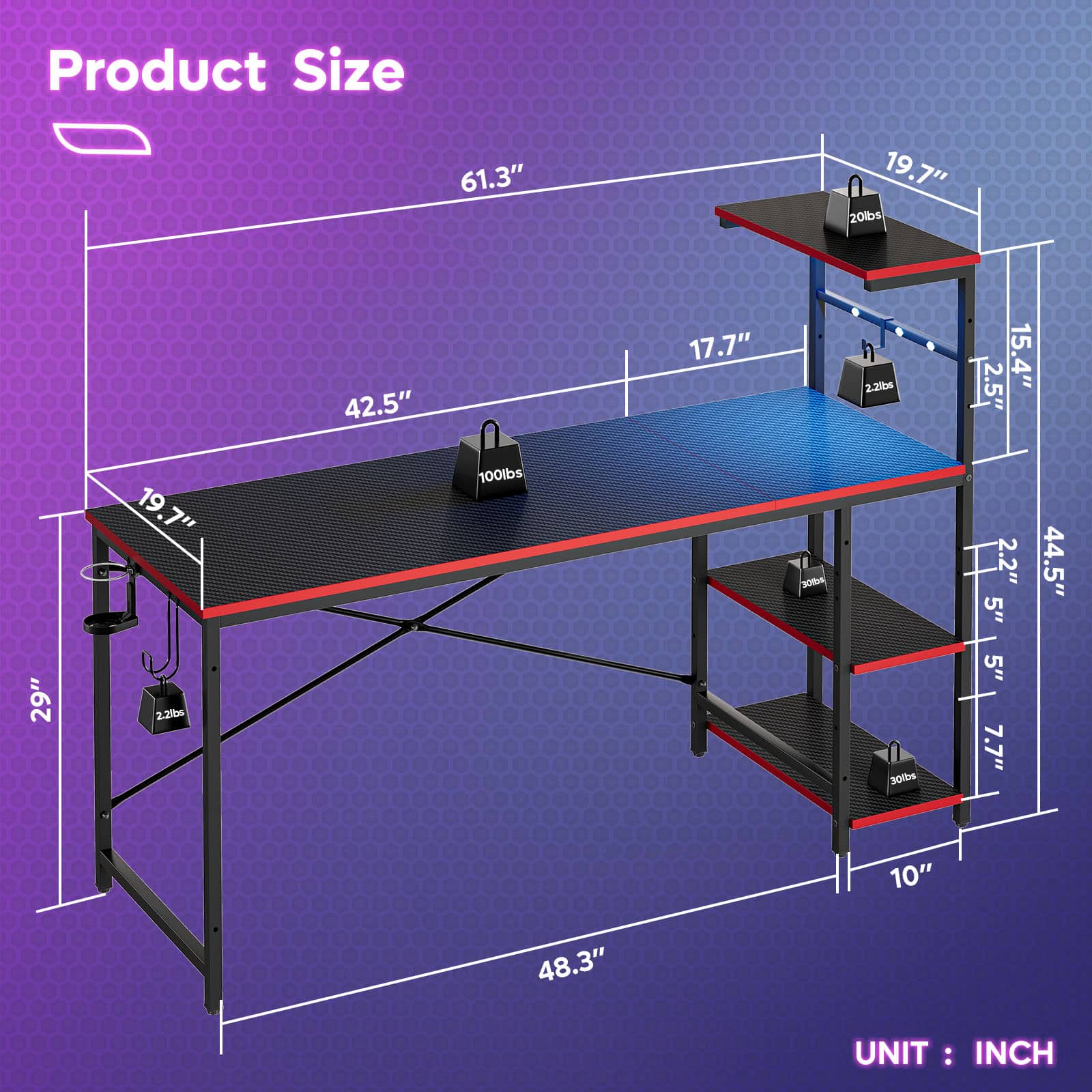 Product Size:
61.3" x 19.7" x 20lbs
42.5" x 17.7" x 2.21bs
2.5" x 15.4" x 19.7" x 100lbs
2.2" x 5" x 44.5" x 29" x 2.2bs
3000s x 5" x 7.7" x 10" x 48.3"
UNIT: INC: