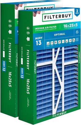 Filterbuy - 16x25x5 MERV 13 Smoke & Allergy Defense, Pleated HVAC AC Furnace Air Filters Replacement for Amana & More (2-Pack) - Blue