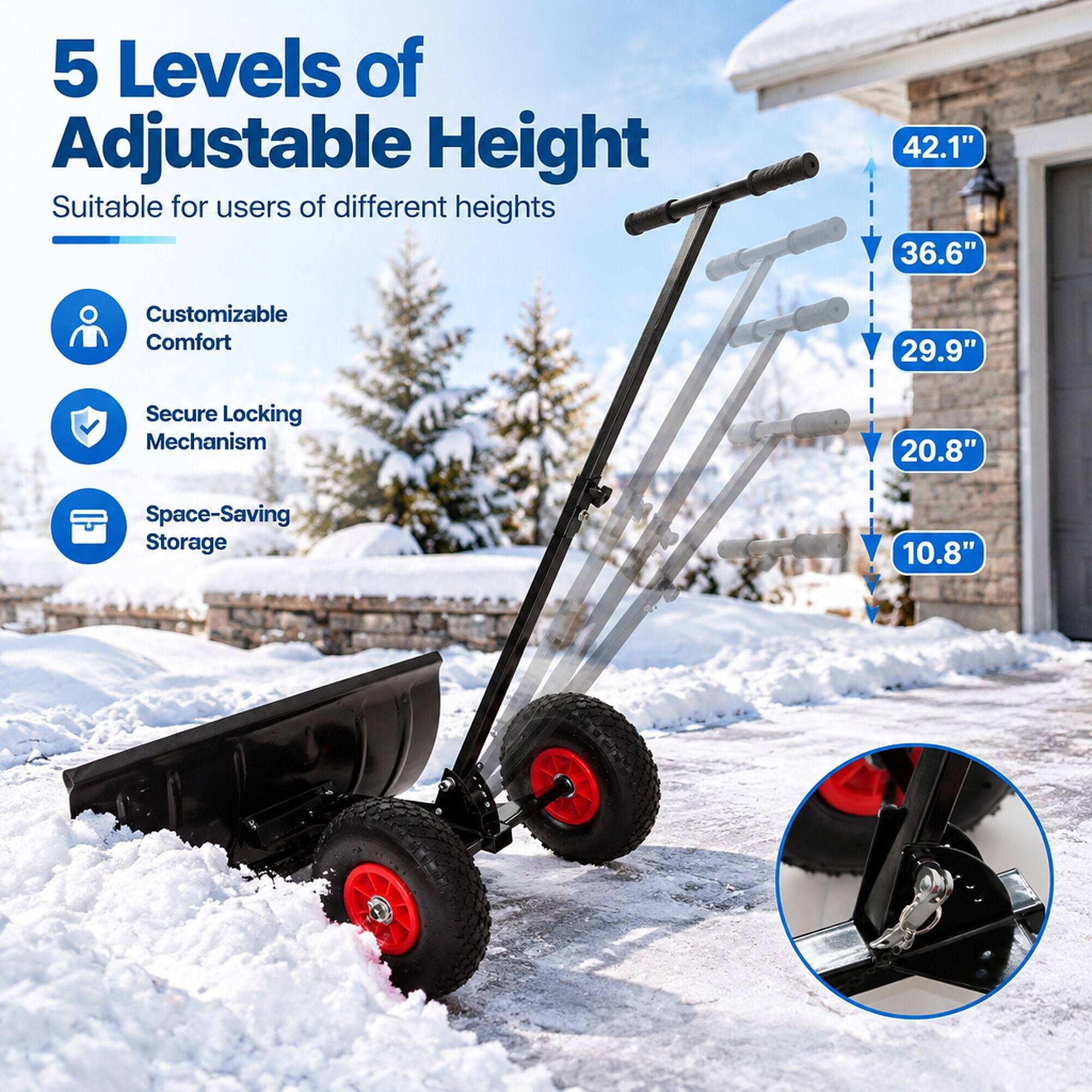 5 Levels of Adjustable Height  
Suitable for users of different heights

- Customizable Comfort
- Secure Locking Mechanism
- Space-Saving Storage

42.1"  
36.6"  
29.9"  
20.8"  
10.8"