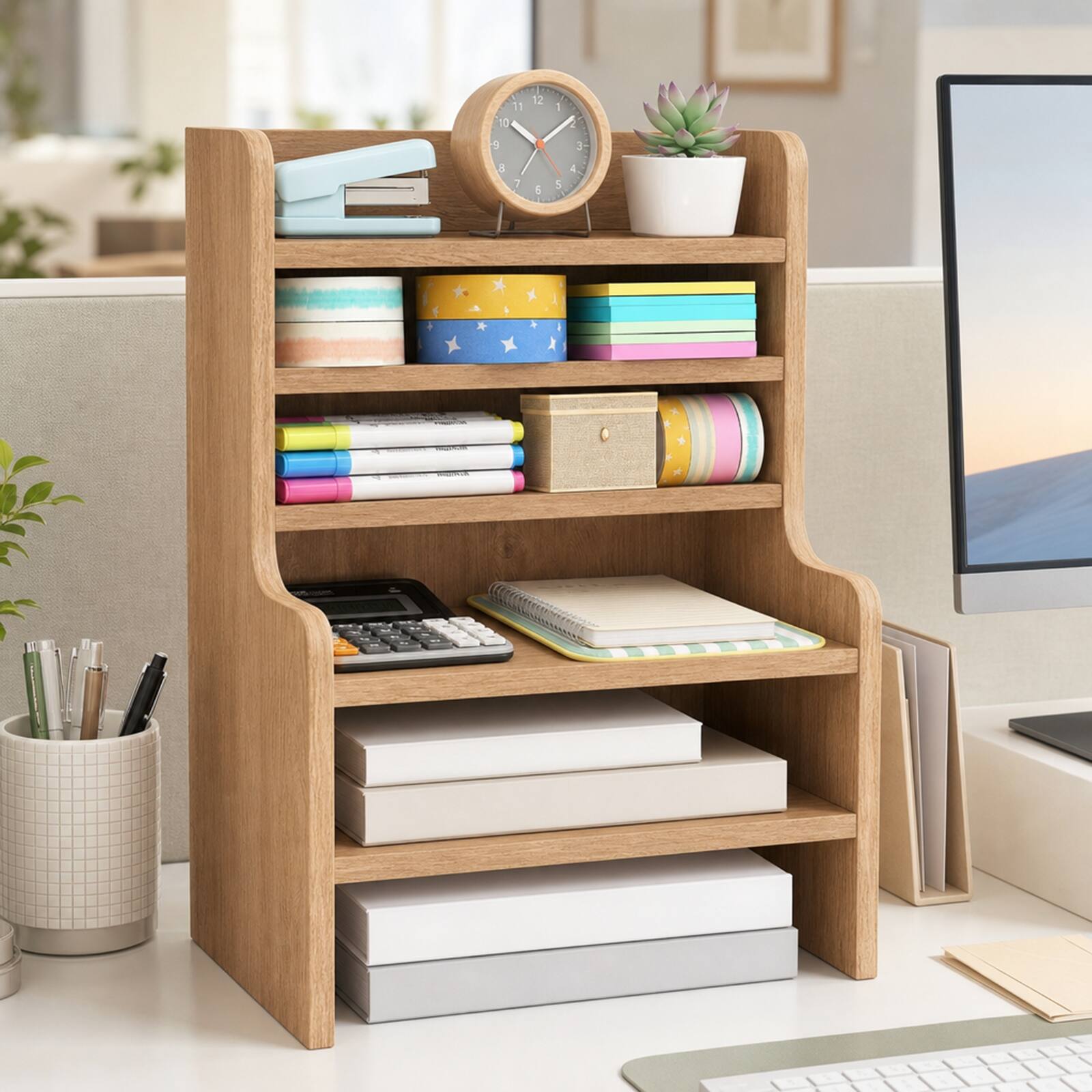Alt View 5. Costway - Costway Desktop Bookshelf with Open Cubes and Adjustable Shelves, 12 x 6.5 x 16.5 in - Natural.
