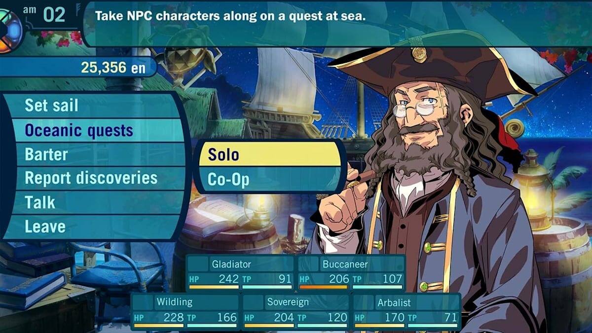 am 02 Take NPC characters along on a quest at sea.  
25,356 en  
Set sail  
Oceanic quests  
Barter  
Report discoveries  
Talk  
Leave  
Solo Co-Op  
Gladiator HP 242 TP 91  
Buccaneer HP 206 TP 107  
Wildling HP 228 TP 166  
Sovereign HP 204 TP 120  
Arbalist HP 170 TP 71