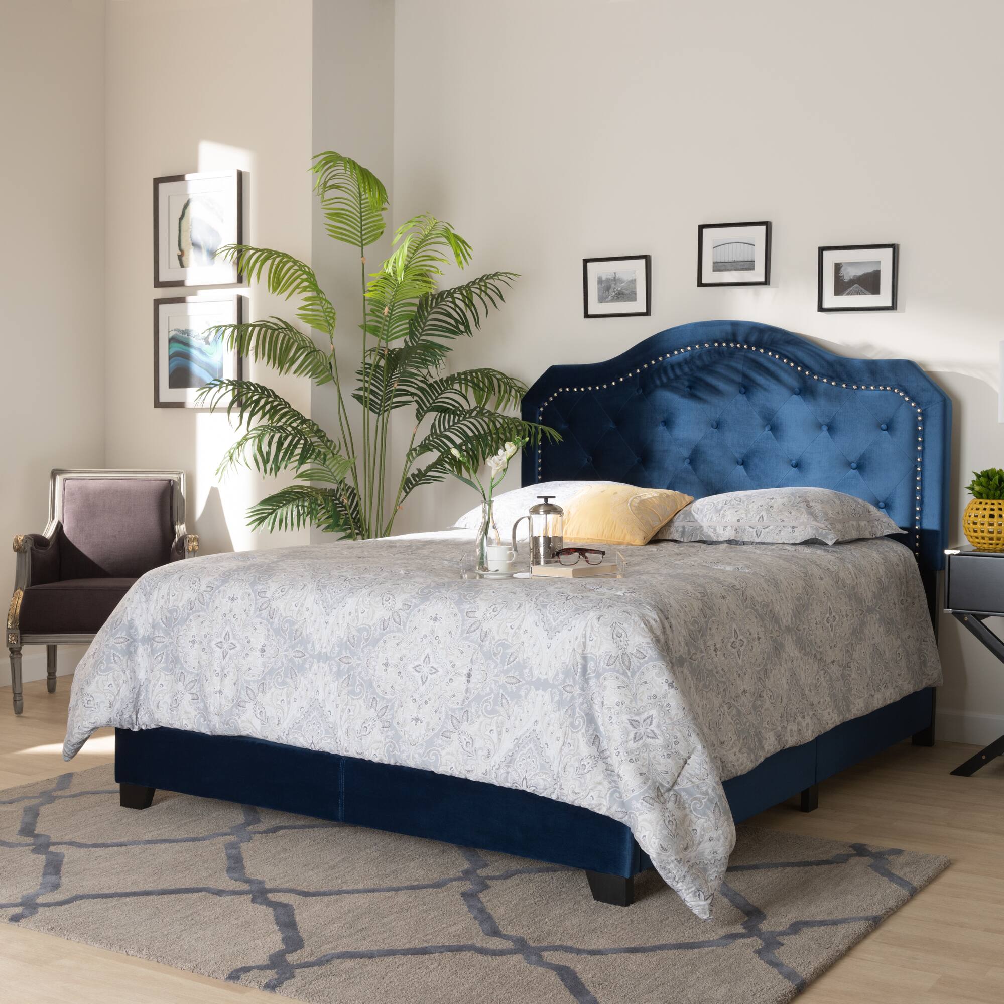 Alt View 2. Baxton Studio - Samantha Modern and Contemporary Velvet Fabric Upholstered Queen Size Button Tufted Bed - Navy Blue/Black.