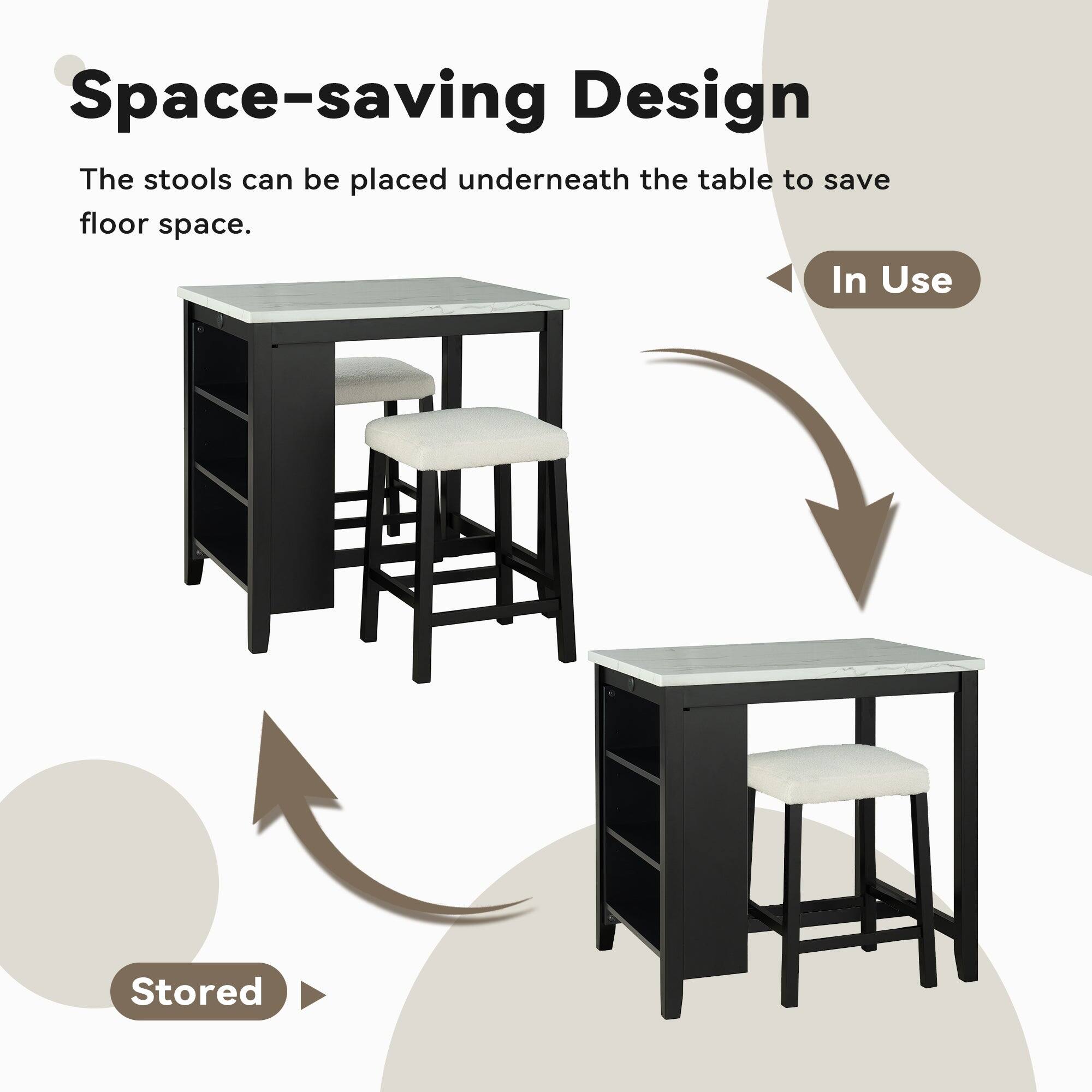 Space-saving Design  
The stools can be placed underneath the table to save floor space.  

In Use  
Stored