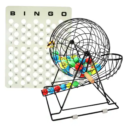 Front. GSE Games & Sports Expert - Bingo Game Set with Jumbo Bingo Cage and 1.5" Ping Pong Size Bingo Balls, Plastic Master Board.