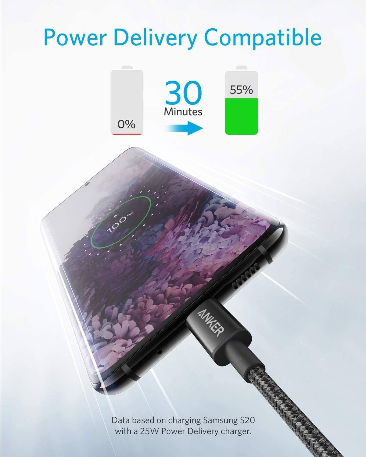 Power Delivery Compatible

0% 30 Minutes 55% 100%

Data based on charging Samsung S20 with a 25W Power Delivery charger.