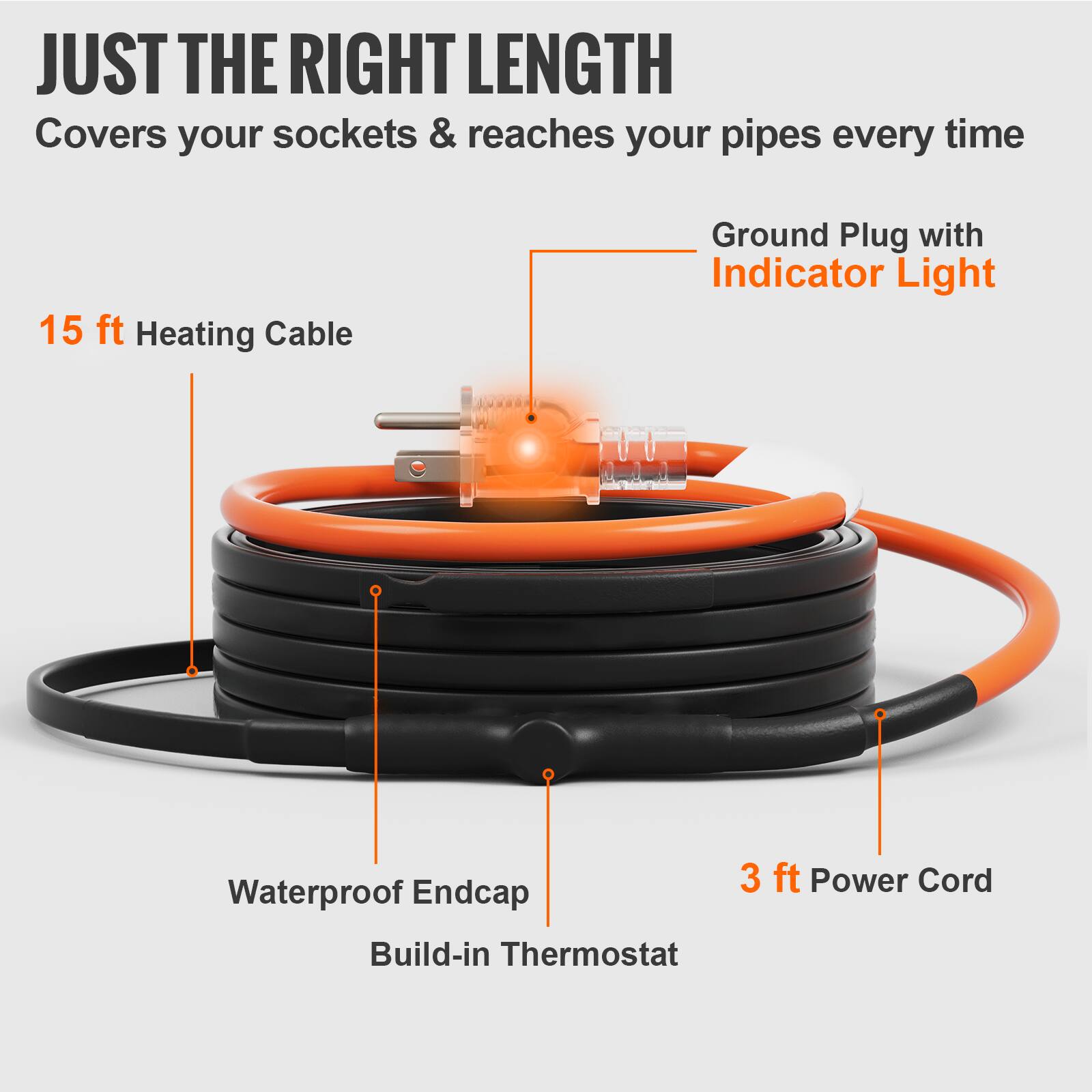JUST THE RIGHT LENGTH  
Covers your sockets & reaches your pipes every time  
15 ft Heating Cable  
Ground Plug with Indicator Light  
Waterproof Endcap  
3 ft Power Cord  
Build-in Thermostat