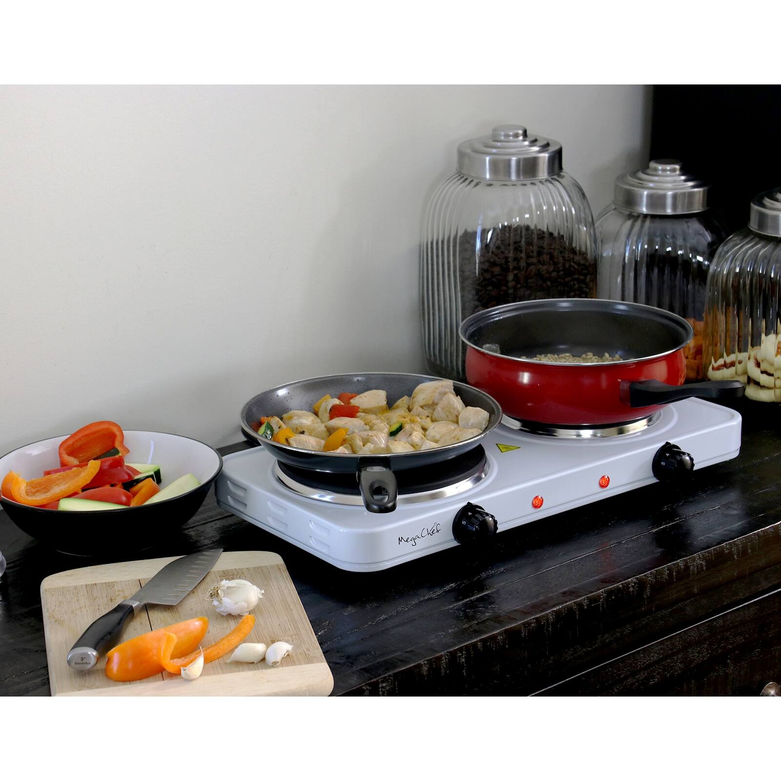 Alt View 2. MegaChef - MegaChef Electric Easily Portable Ultra Lightweight Dual Burner Cooktop Buffet Range in Sleek White - White.