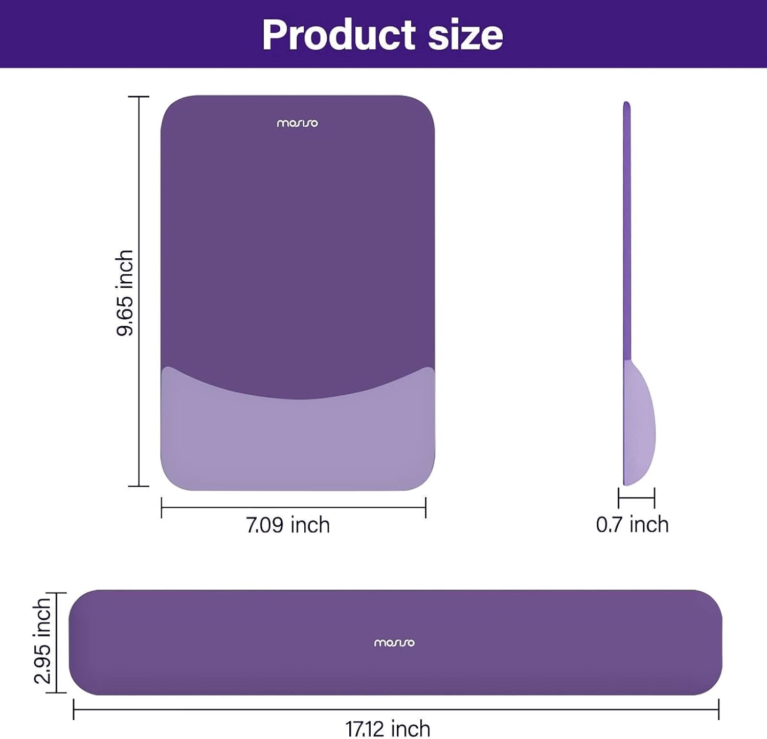 Product size: 9.65 inch x 7.09 inch x 0.7 inch, 2.95 inch x 17.12 inch