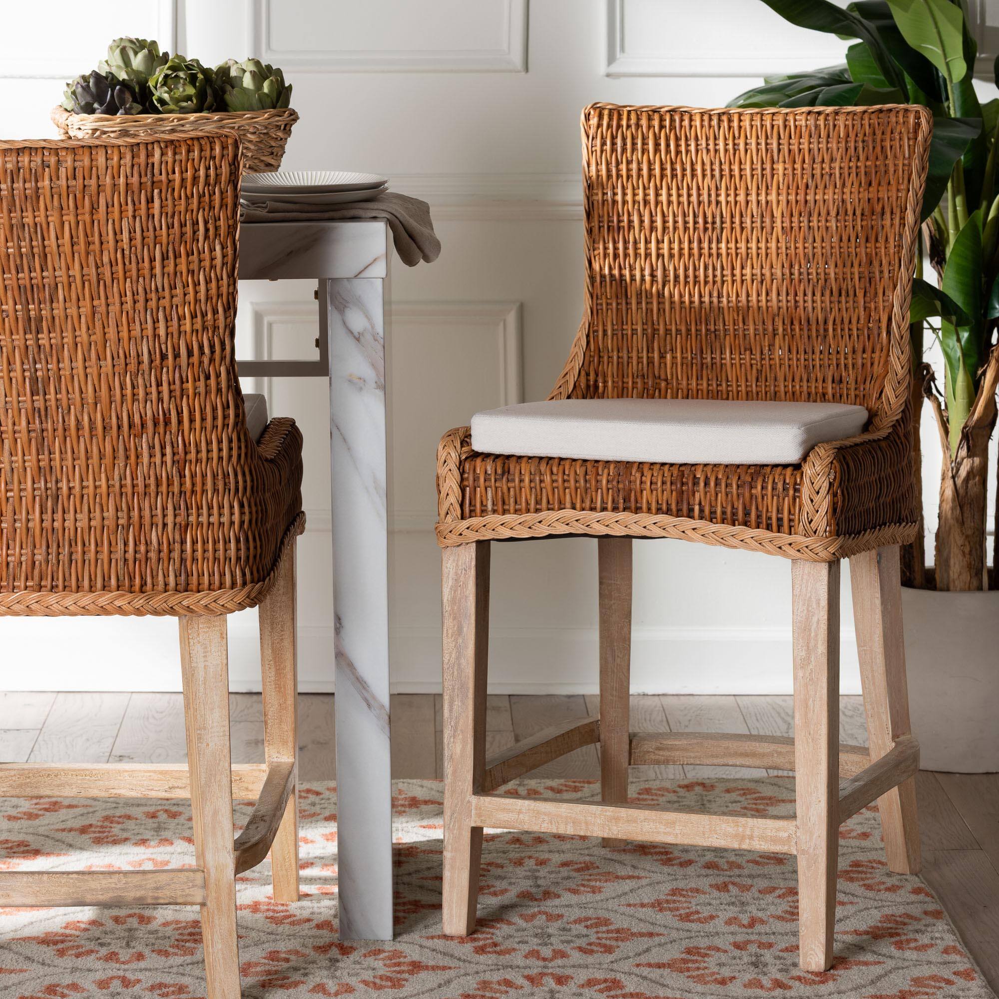 Alt View 4. bali & pari - Derris Natural Rattan Counter Stool with Cushion - Tall Wingback Stool with Solid Mango Wood Legs and Footrest - Light Honey.